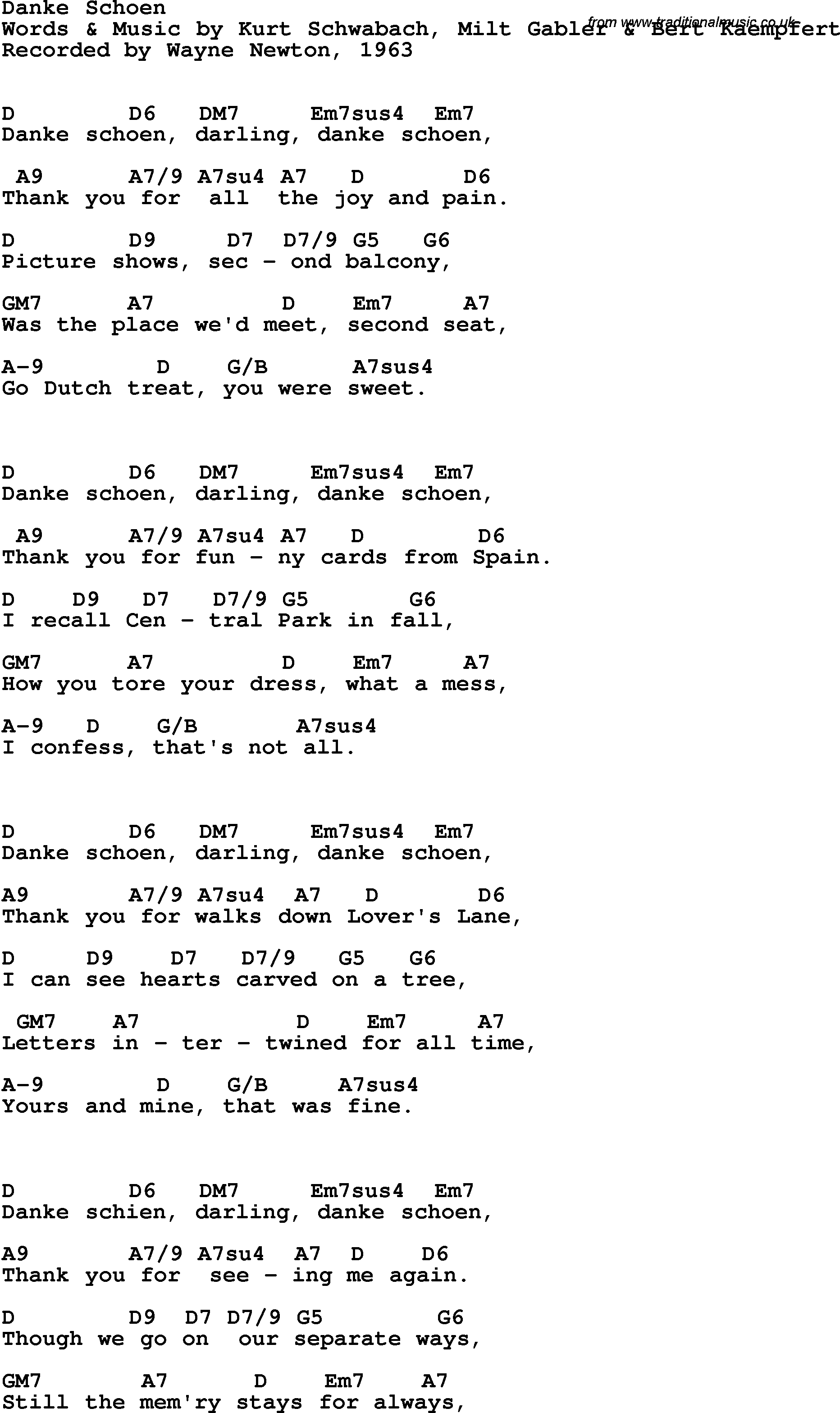 Song Lyrics with guitar chords for Danke Schoen - Wayne Newton, 1963