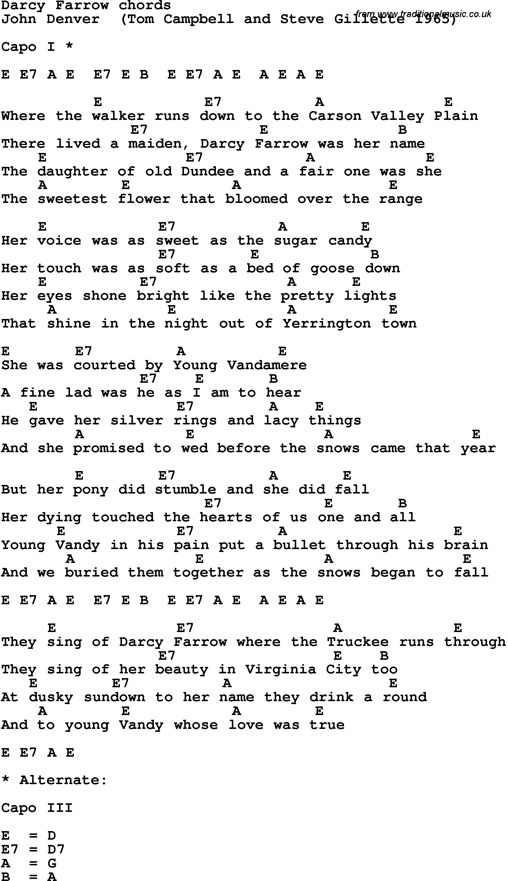 Song Lyrics with guitar chords for Darcy Farrow