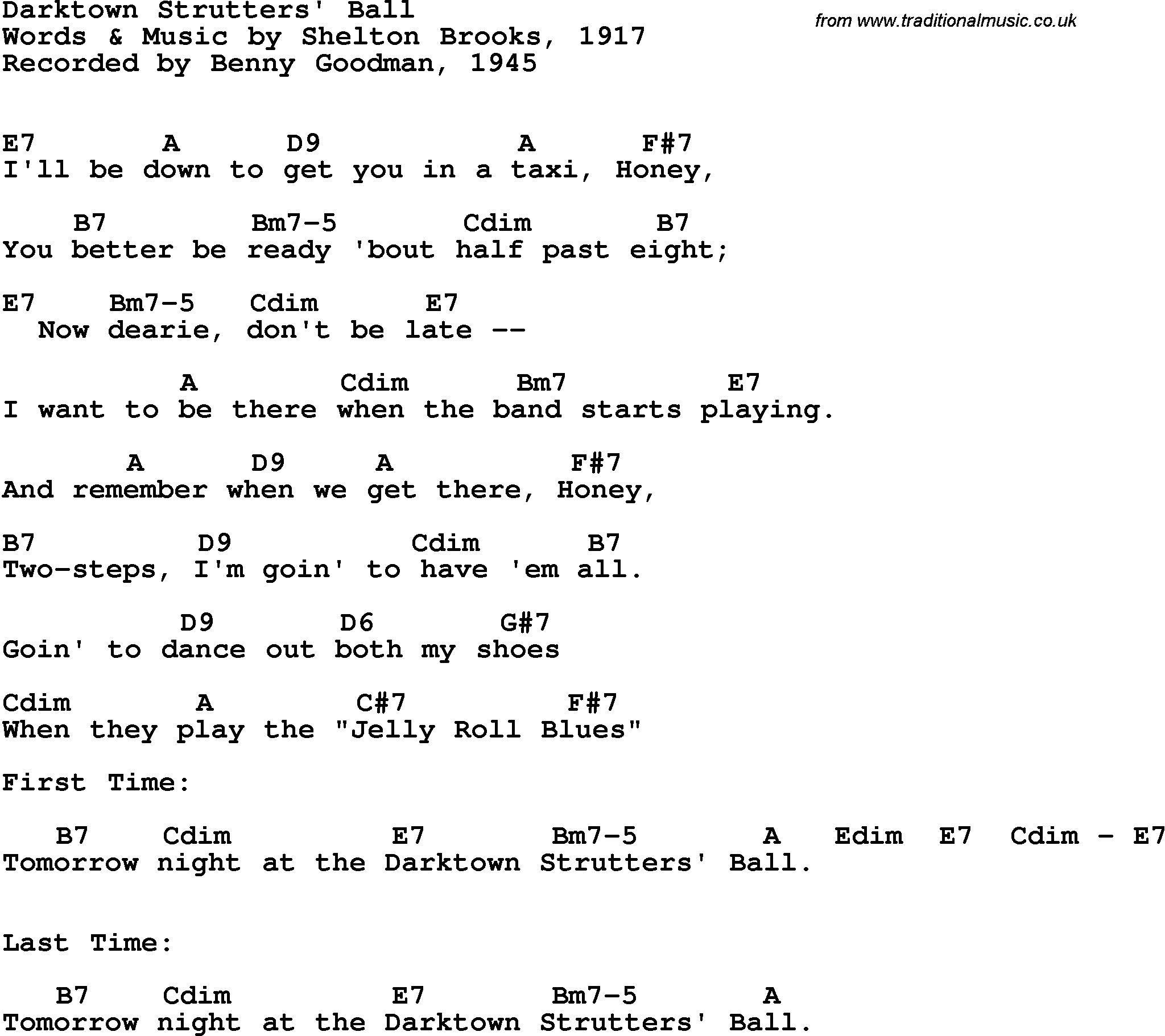 Song Lyrics with guitar chords for Darktown Strutters Ball - Benny Goodman, 1945