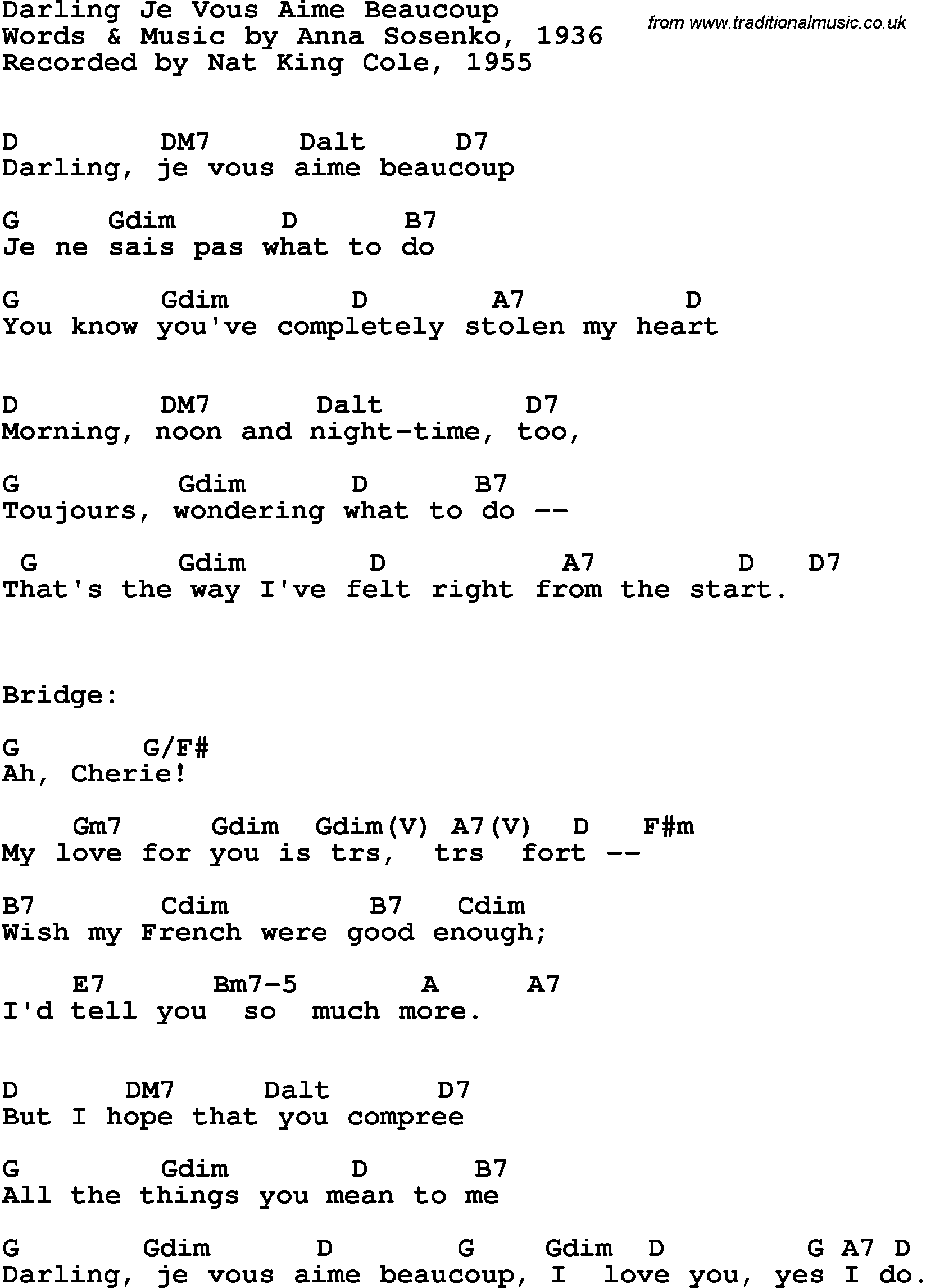 Song Lyrics with guitar chords for Darling Je Vous Aime Beaucoup - Nat King Cole, 1955