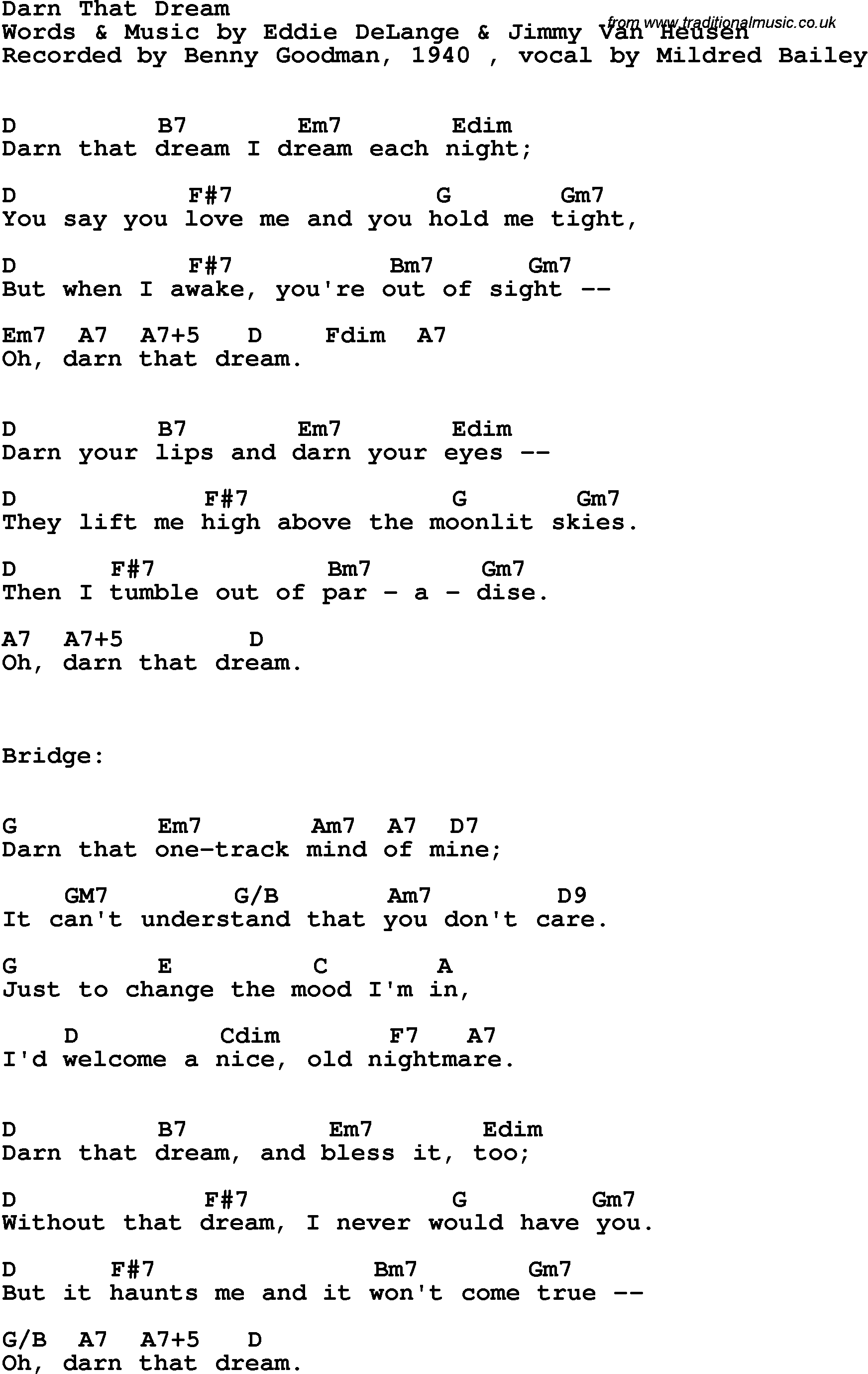 Song Lyrics with guitar chords for Darn That Dream - Benny Goodman, 1940