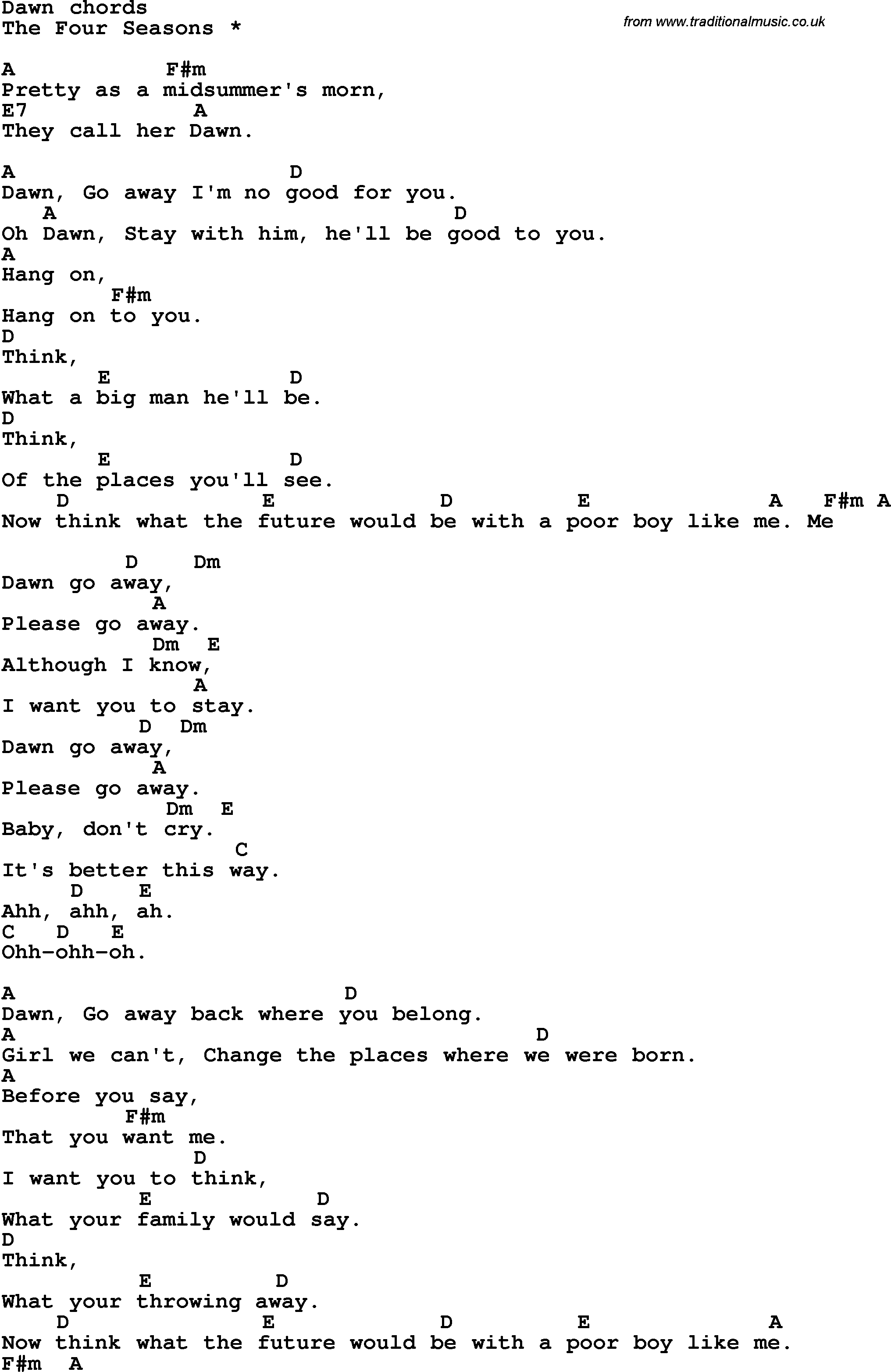 Song Lyrics with guitar chords for Dawn