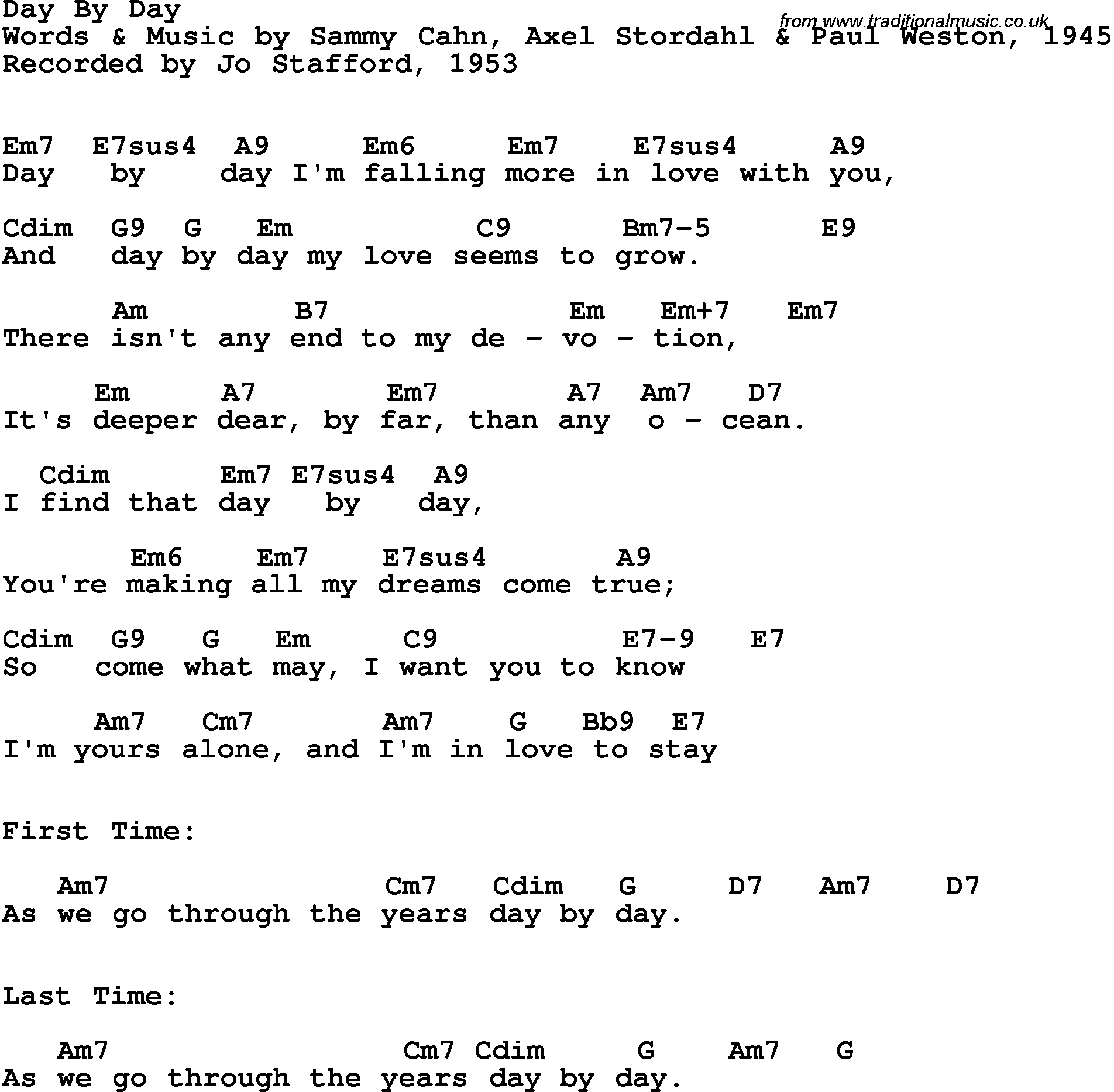 Song Lyrics with guitar chords for Day By Day - Jo Stafford, 1953