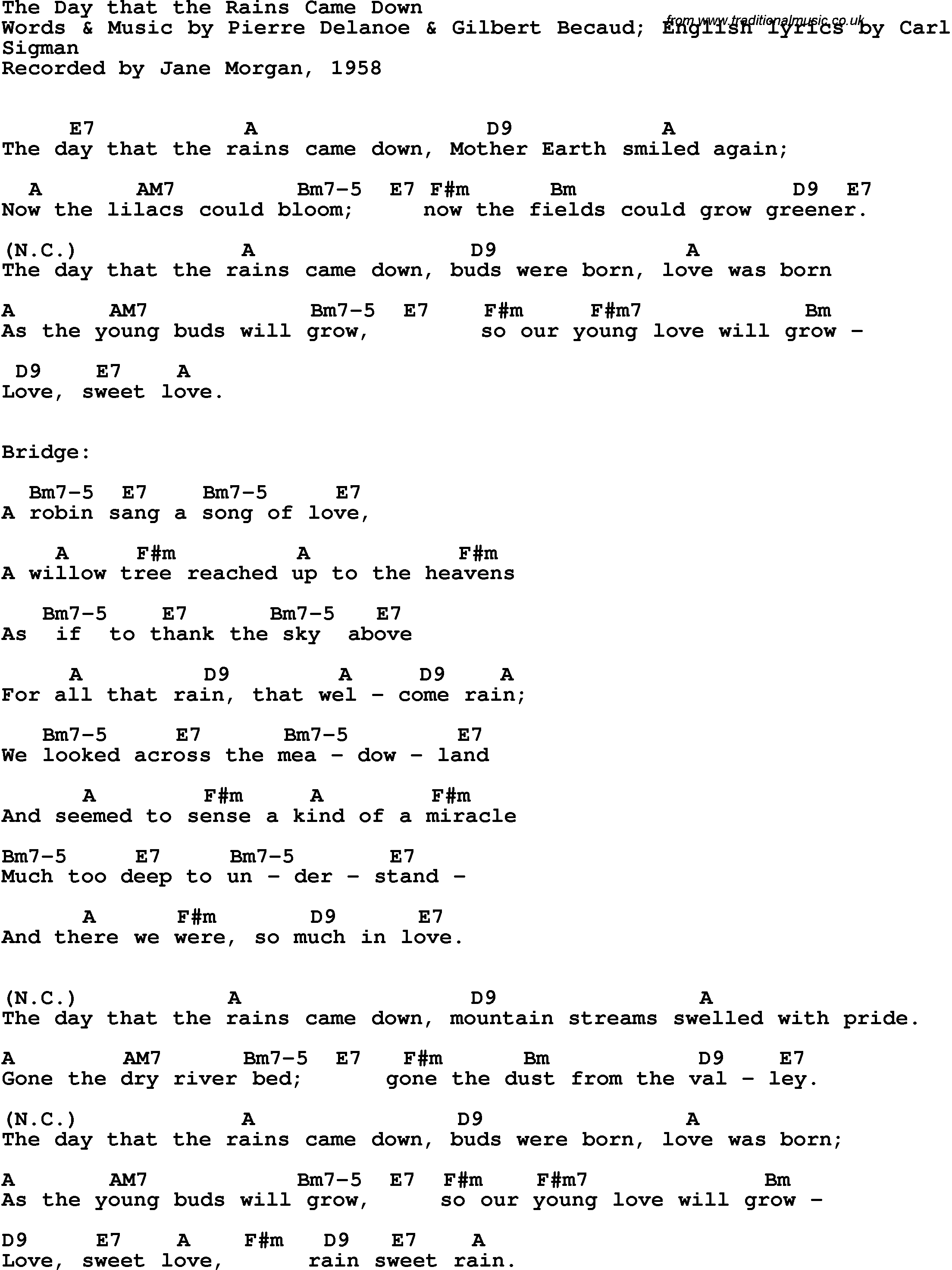Song Lyrics with guitar chords for Day That The Rains Came Down, The - Jane Morgan, 1958