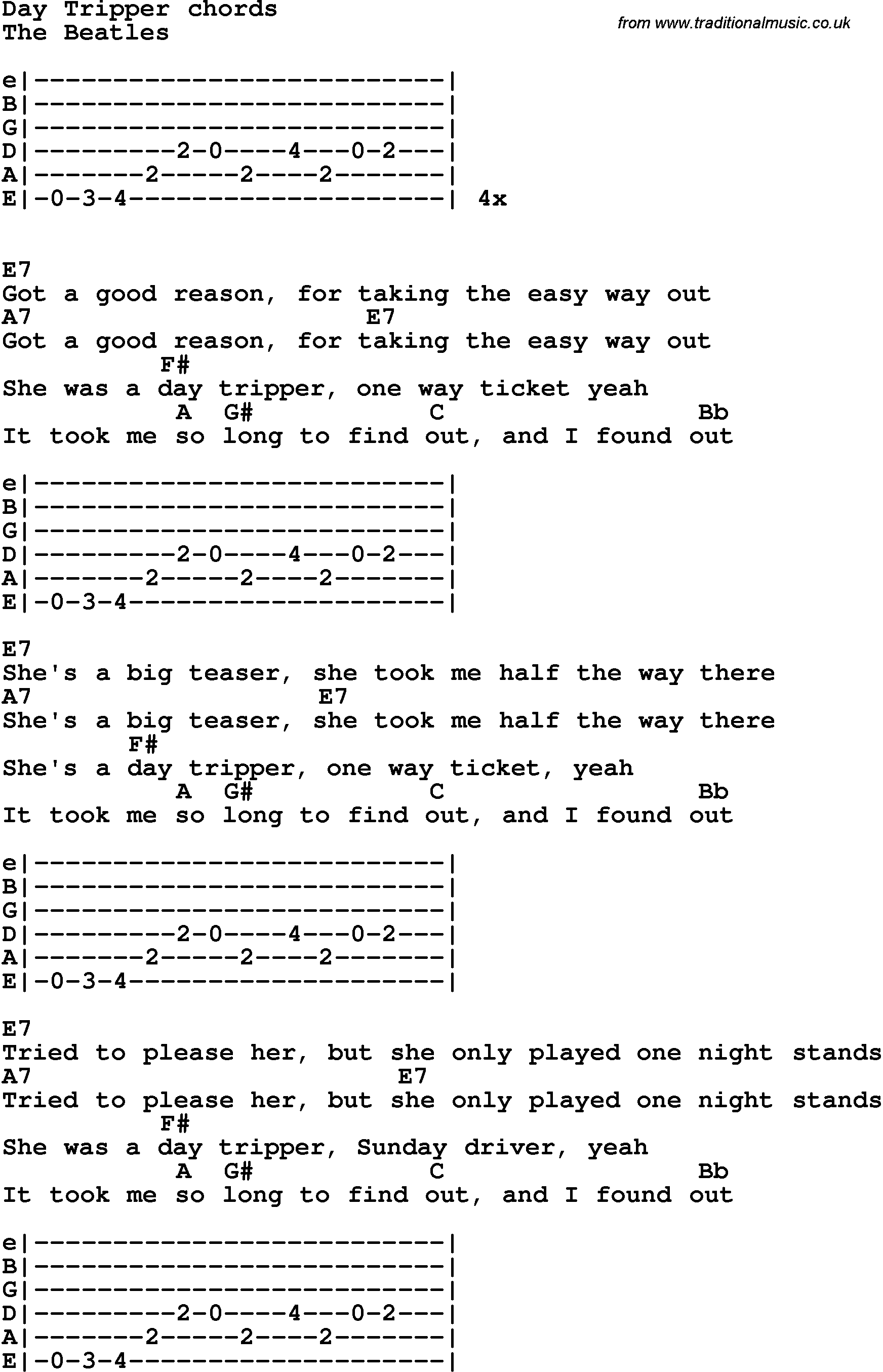 Song Lyrics with guitar chords for Day Tripper