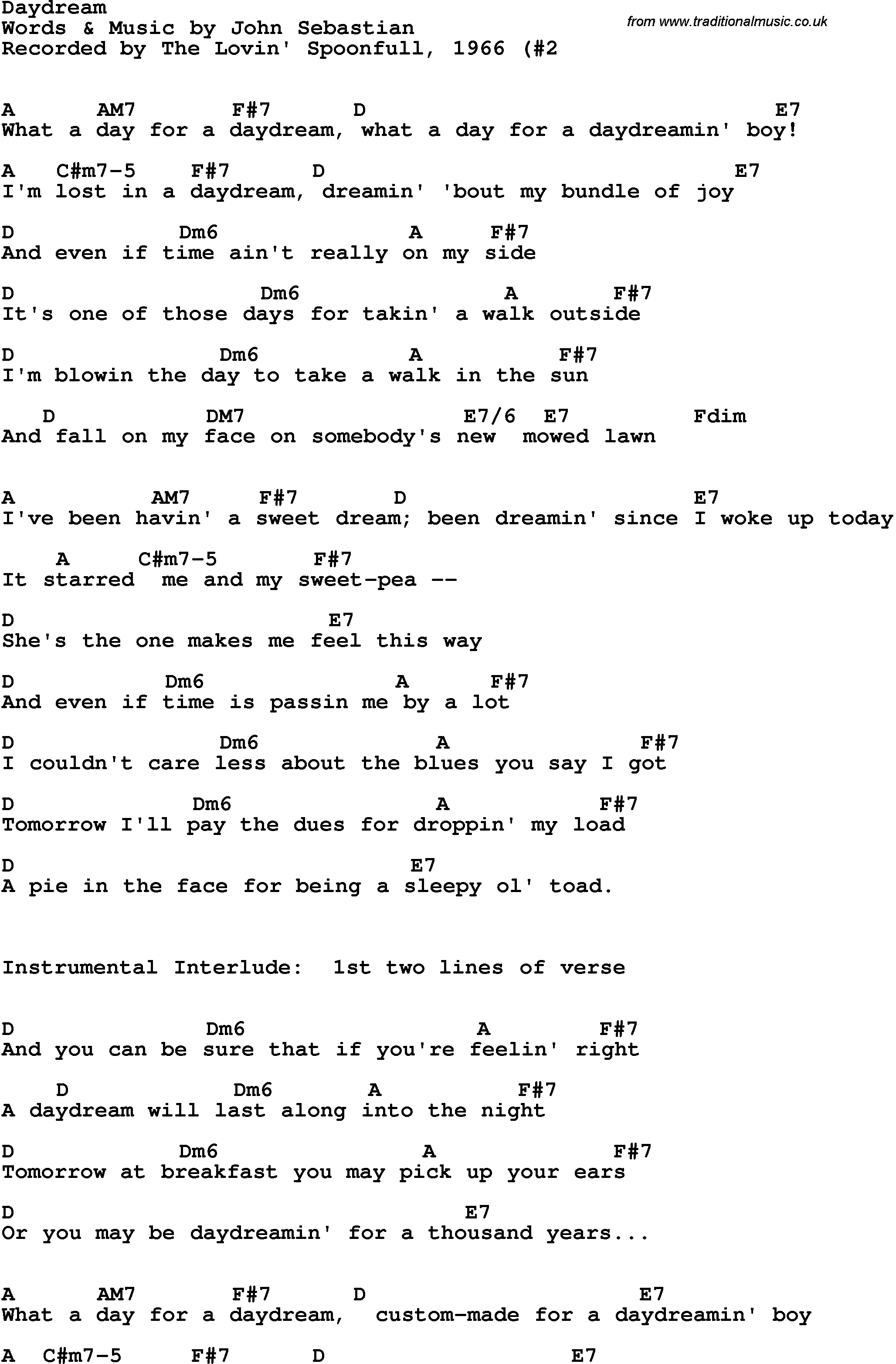Song Lyrics with guitar chords for Daydream - The Lovin' Spoonful, 1966