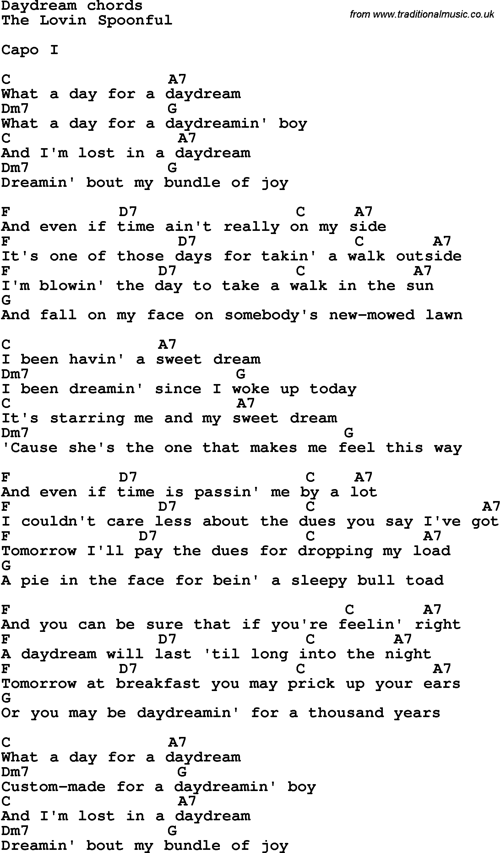Song Lyrics with guitar chords for Daydream