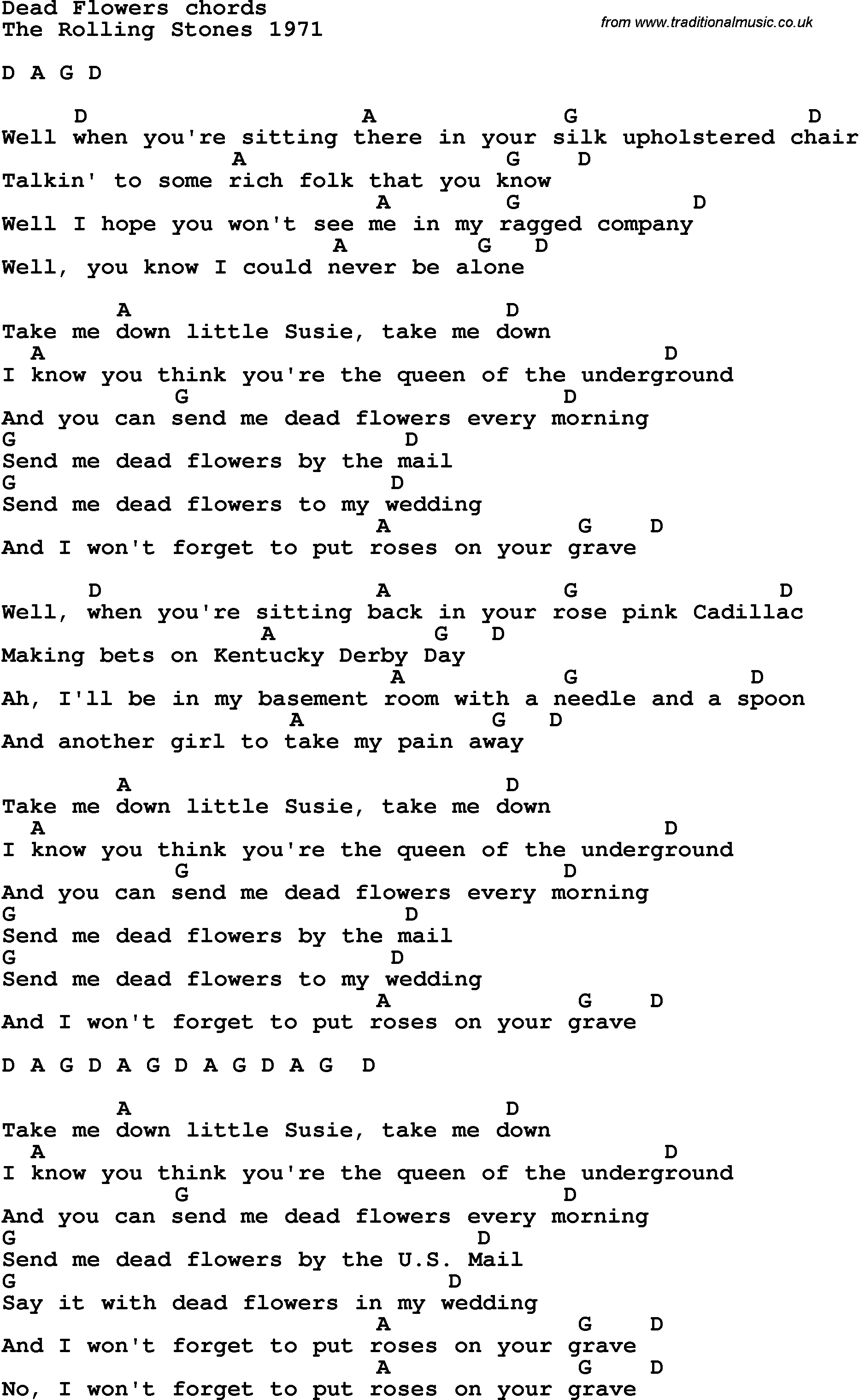 Song Lyrics with guitar chords for Dead Flowers
