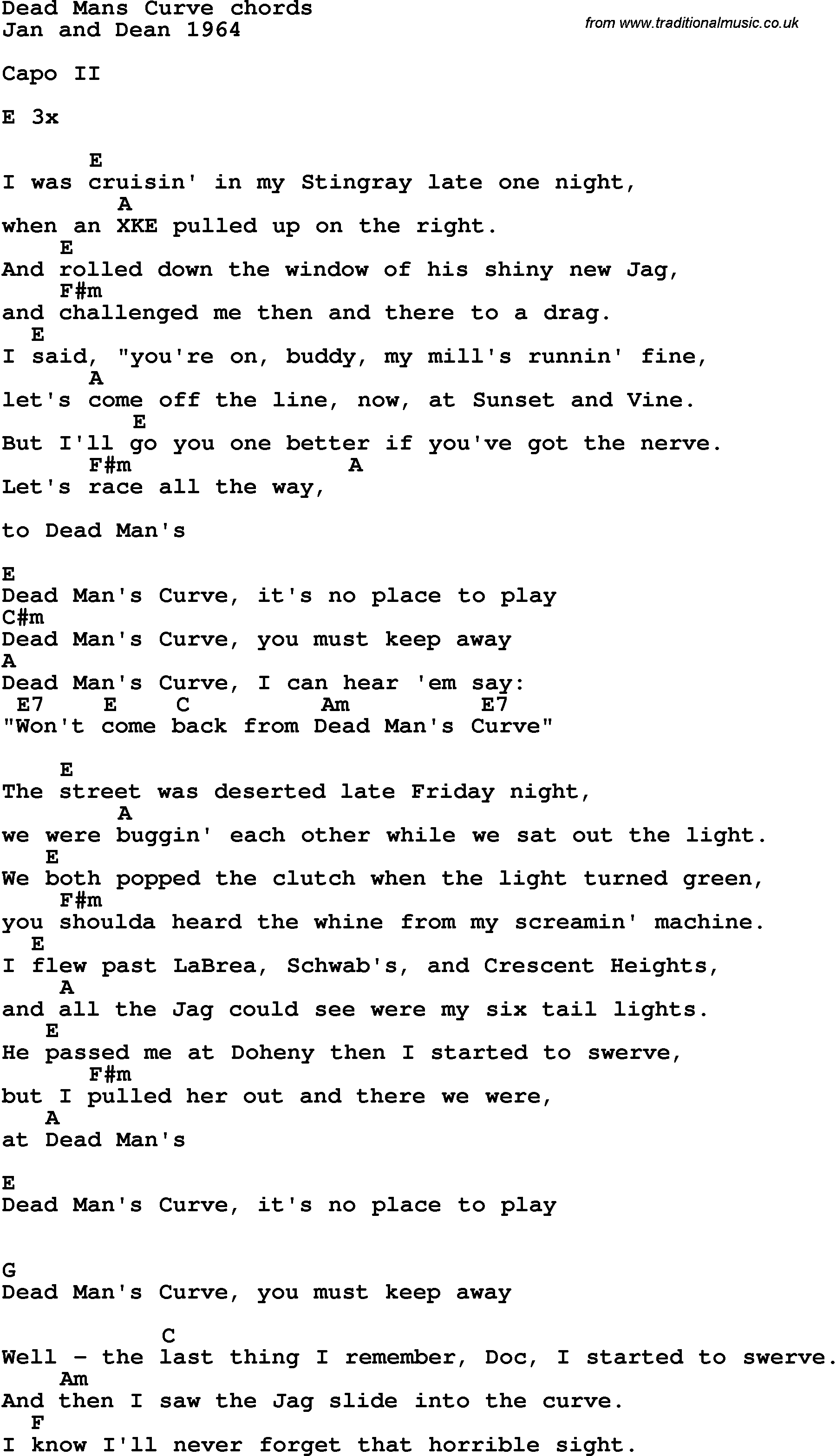 Song Lyrics with guitar chords for Dead Man's Curve
