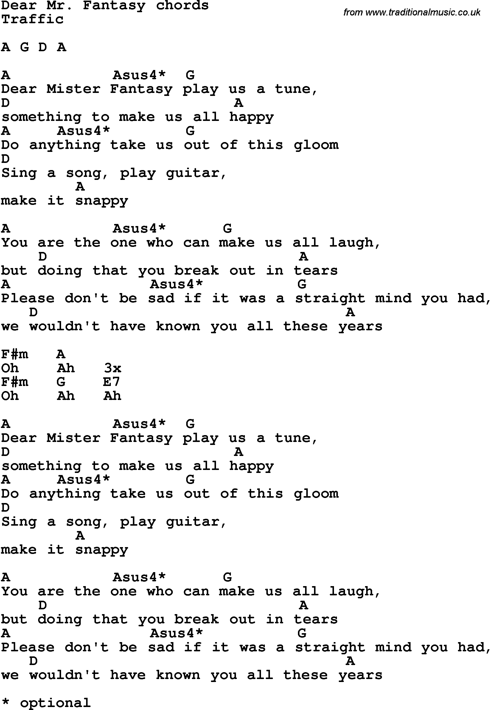 Song Lyrics with guitar chords for Dear Mr