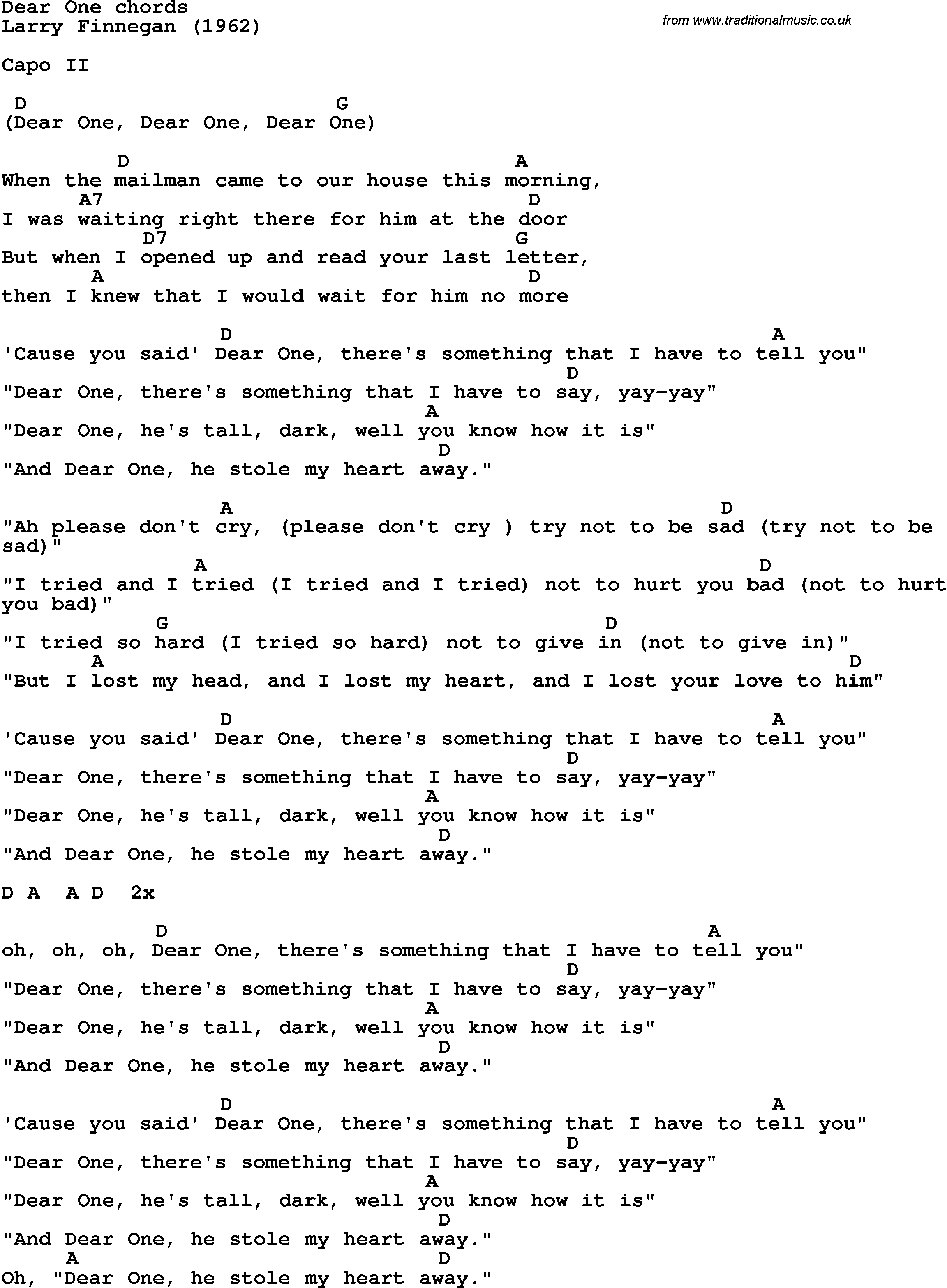 Song Lyrics with guitar chords for Dear One