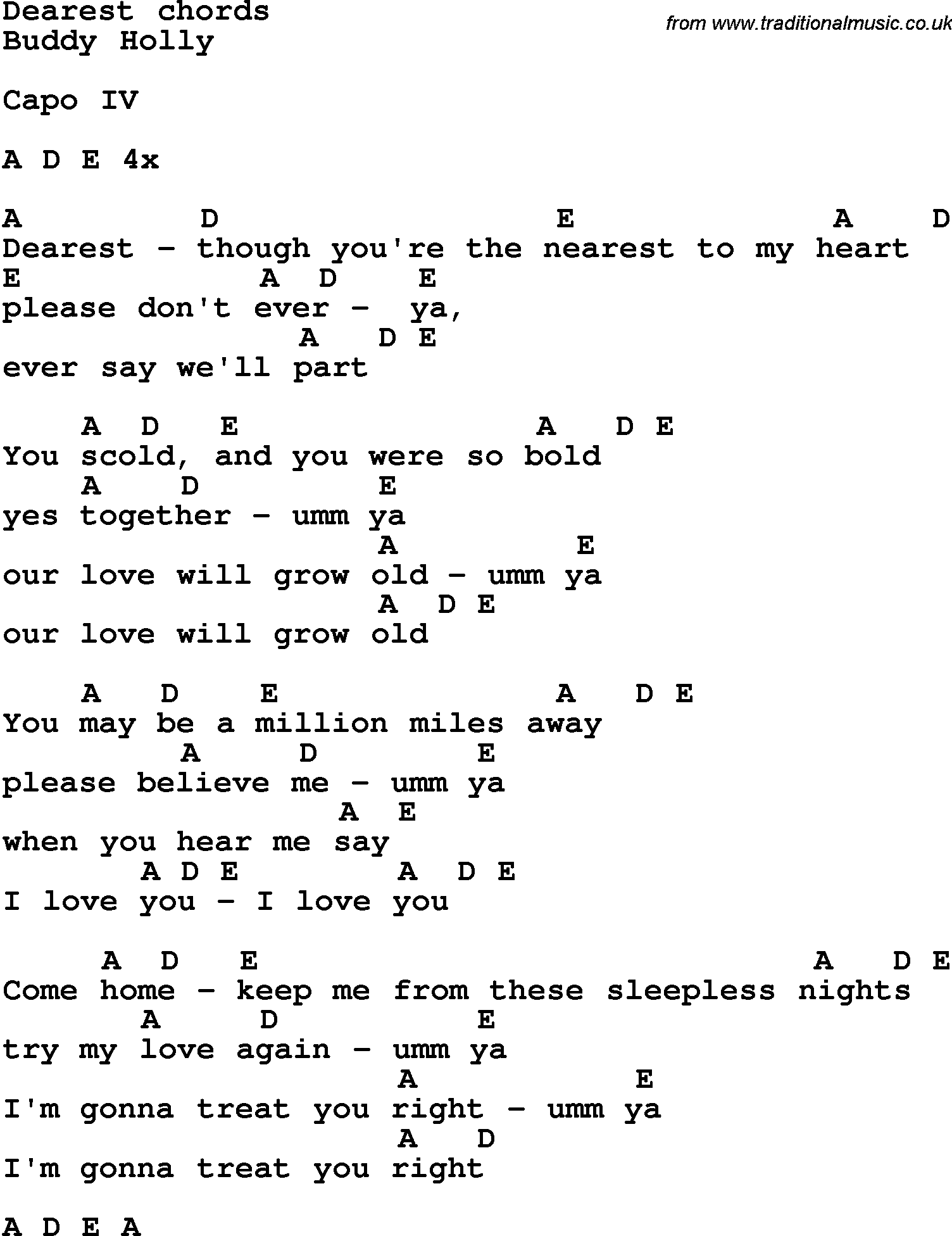 Song Lyrics with guitar chords for Dearest