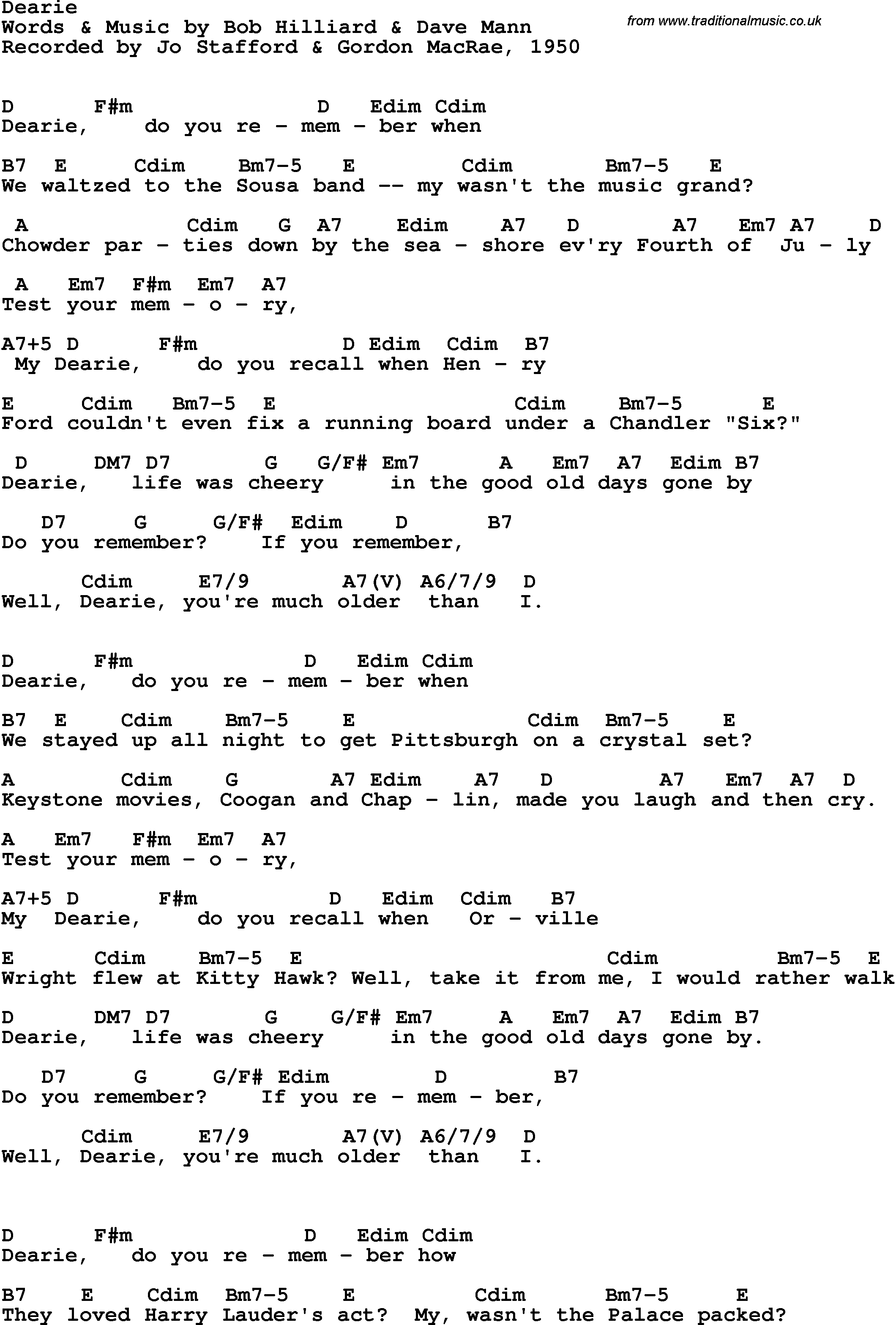 Song Lyrics with guitar chords for Dearie - Jo Stafford & Gordon Macrae, 1950