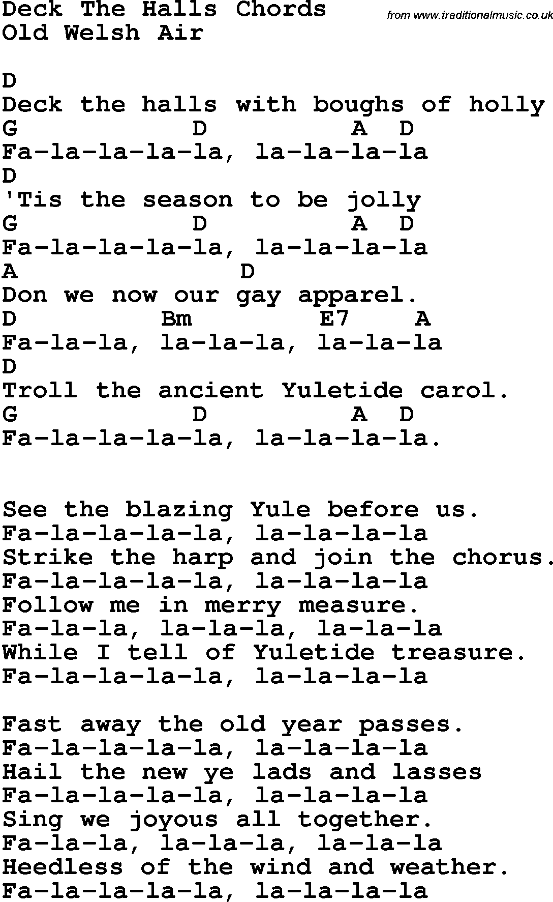 Song Lyrics with guitar chords for Deck The Halls