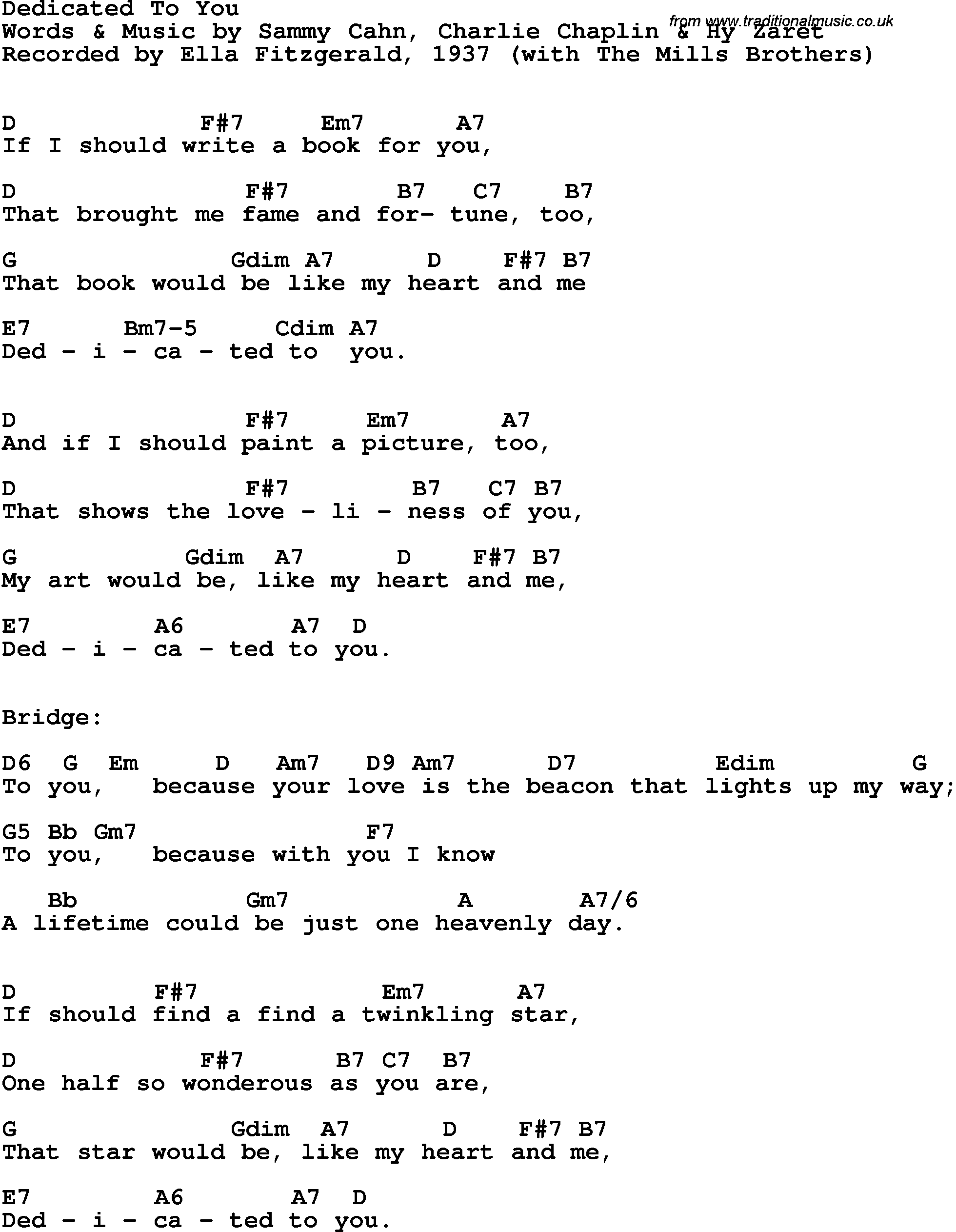 Song Lyrics with guitar chords for Dedicated To You - Ella Fitzgerald, 1937, With The Mills Brothers