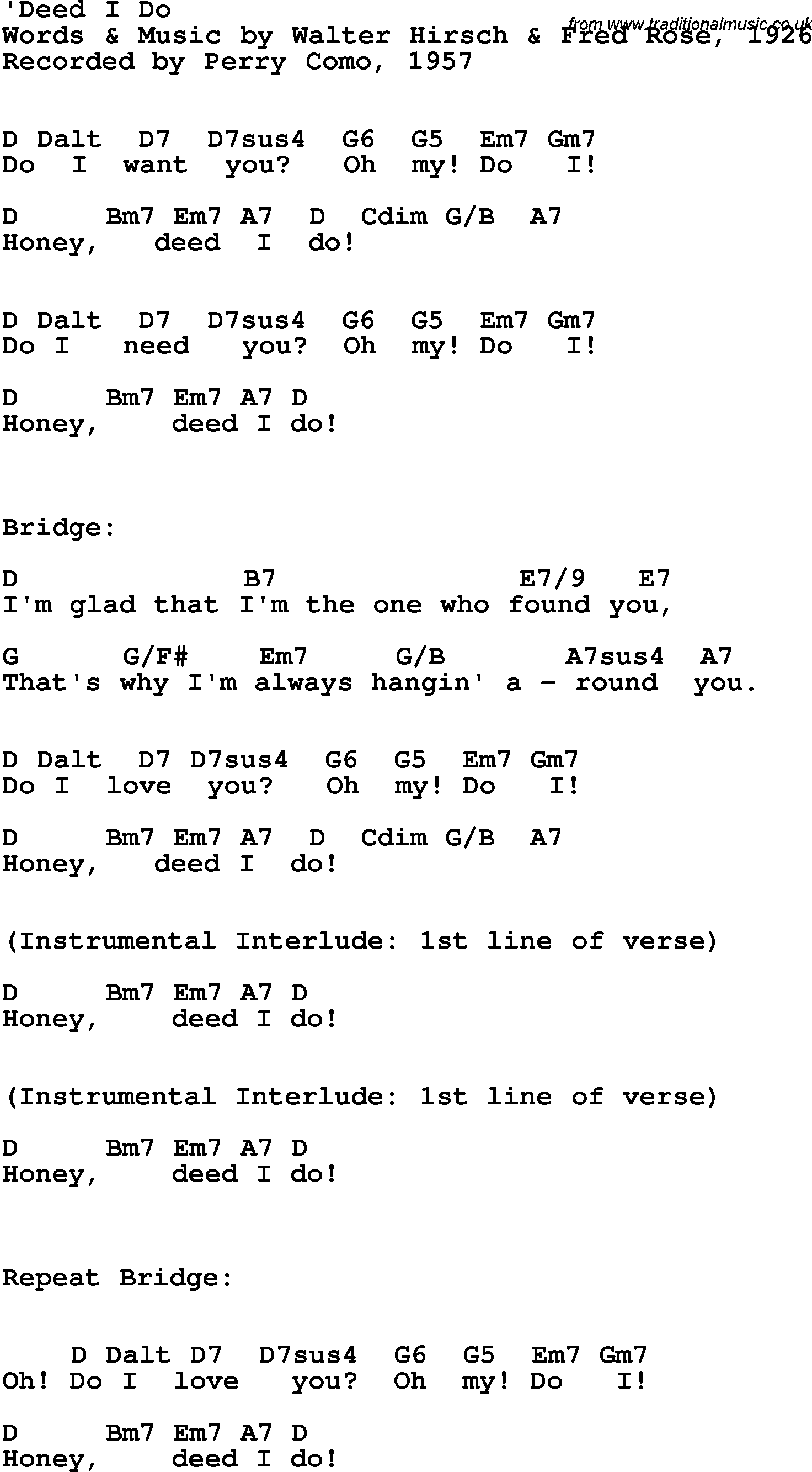 Song Lyrics with guitar chords for 'Deed I Do - Perry Como, 1957