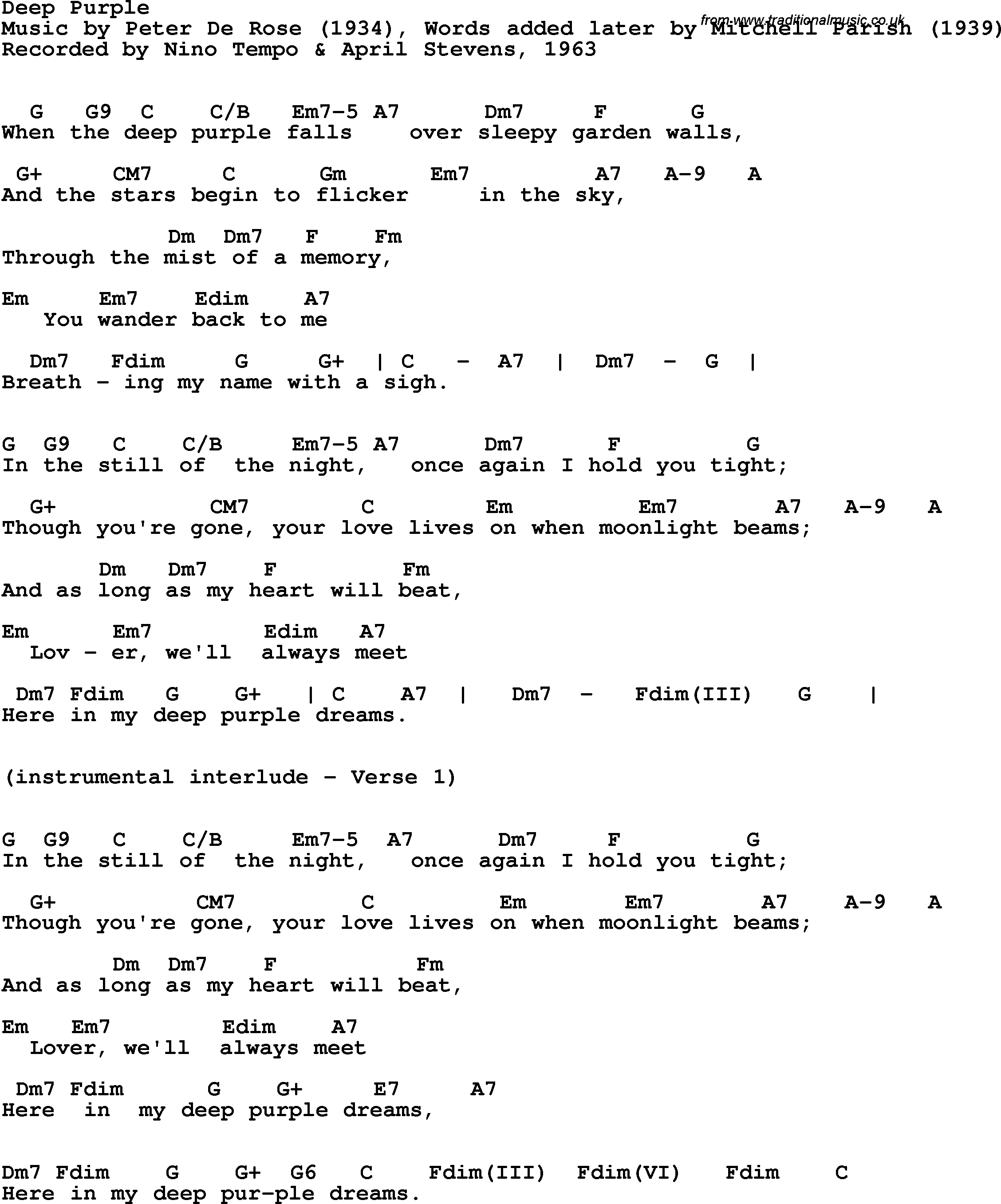 Song Lyrics with guitar chords for Deep Purple - Nino Tempo & April Stevens, 1963