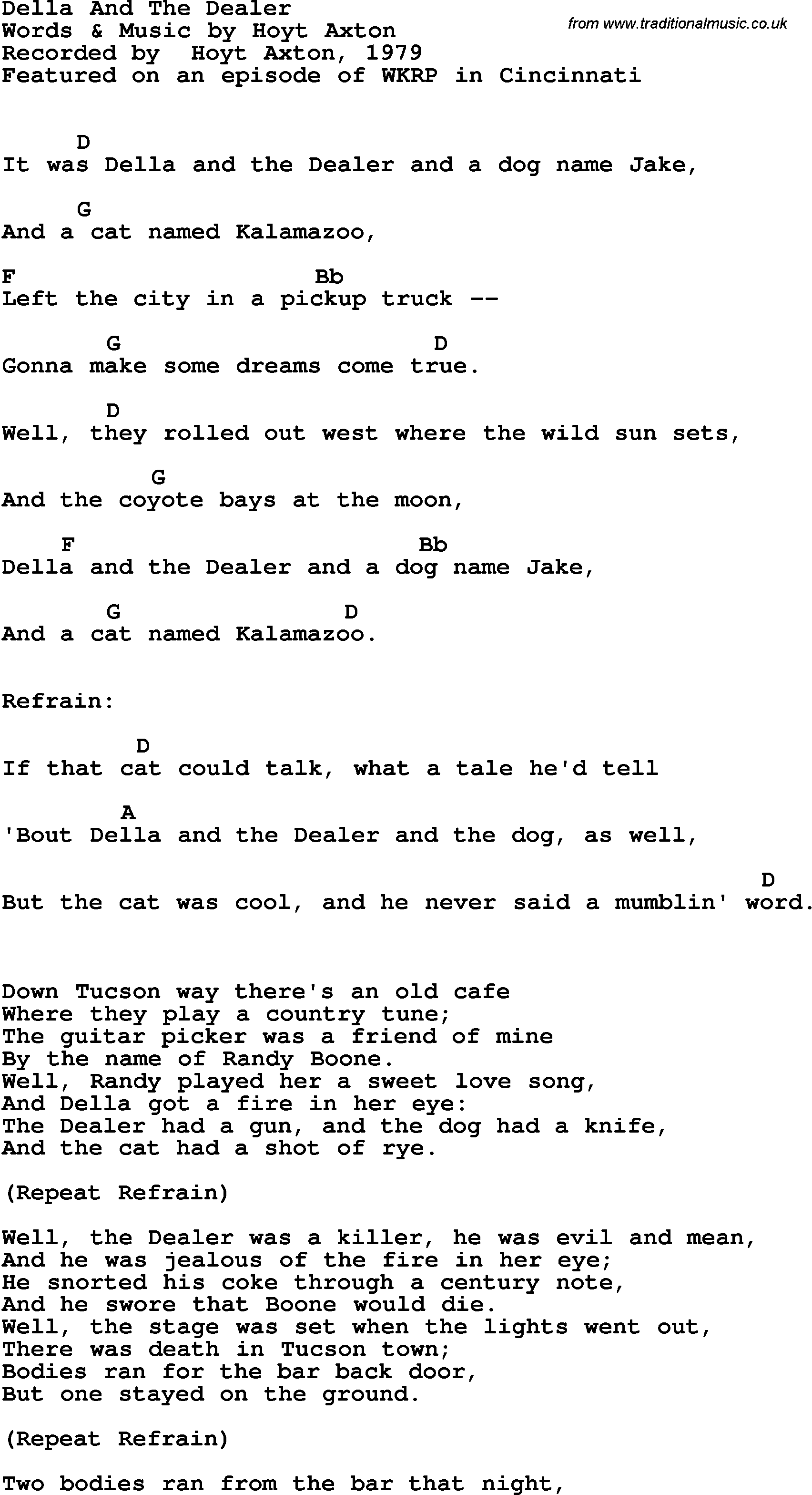 Song Lyrics with guitar chords for Della And The Dealer - Hoyt Axton, 1979