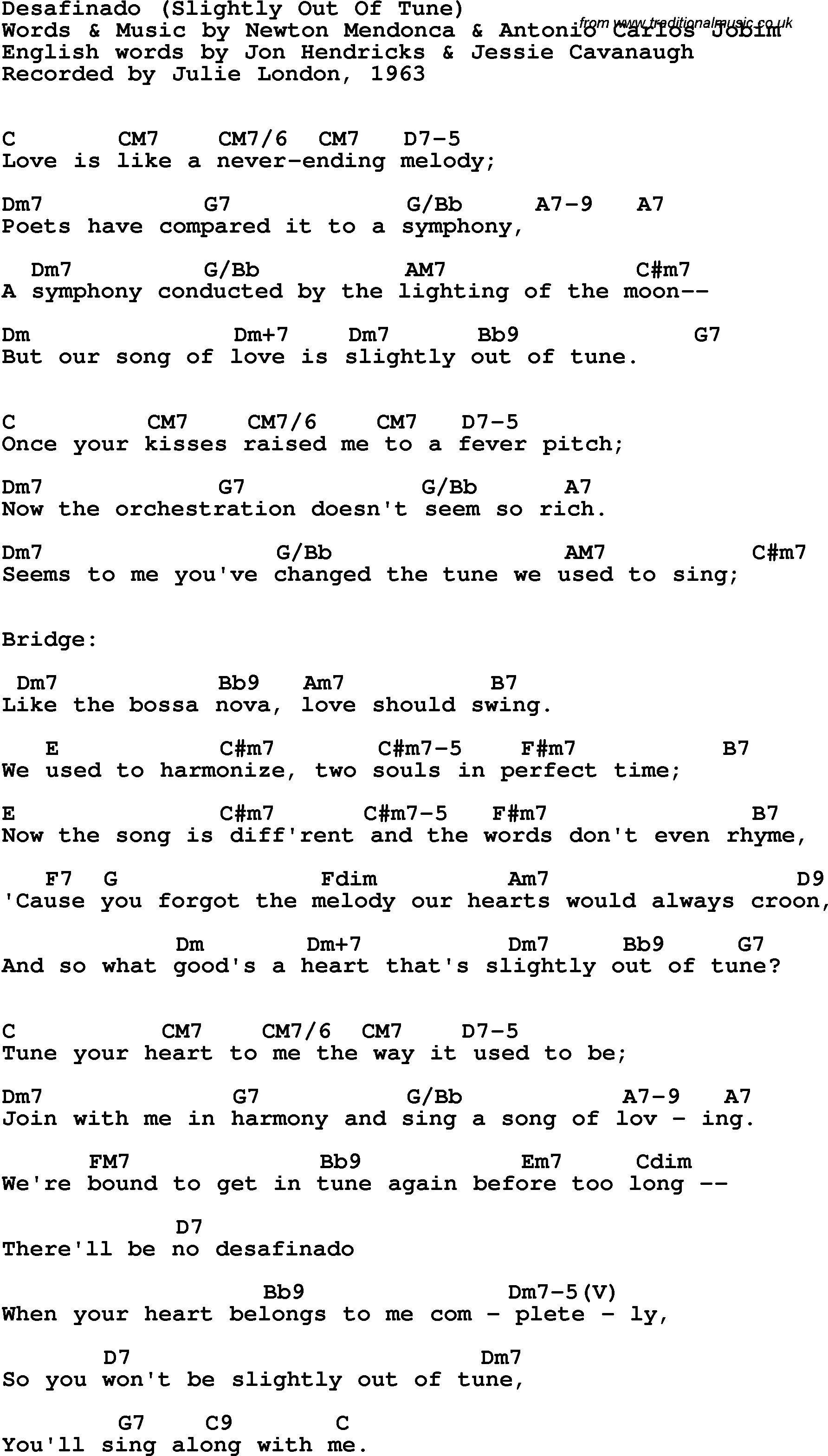 Song Lyrics with guitar chords for Desafinado - Julie London, 1963