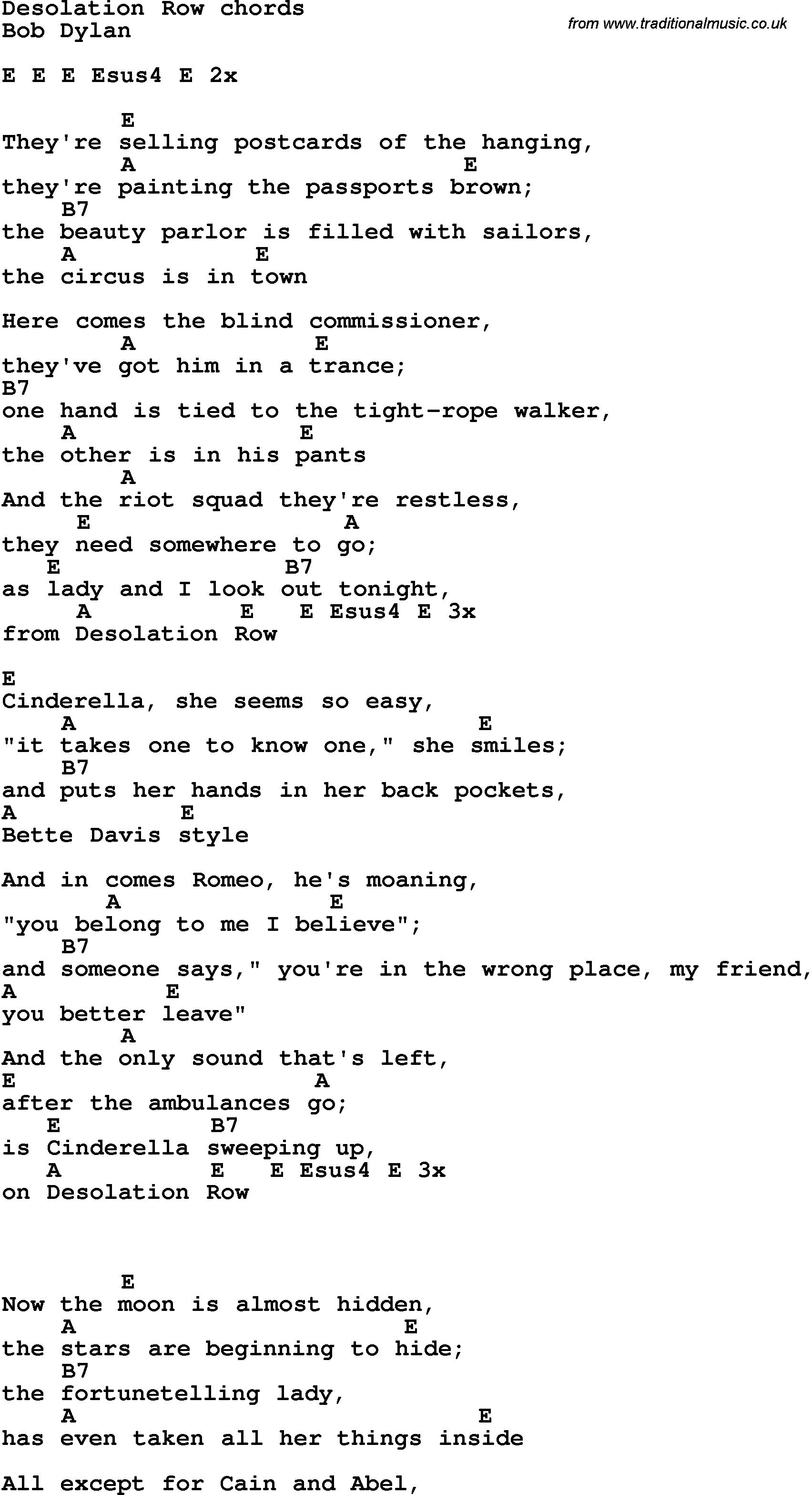 Song Lyrics with guitar chords for Desolation Row