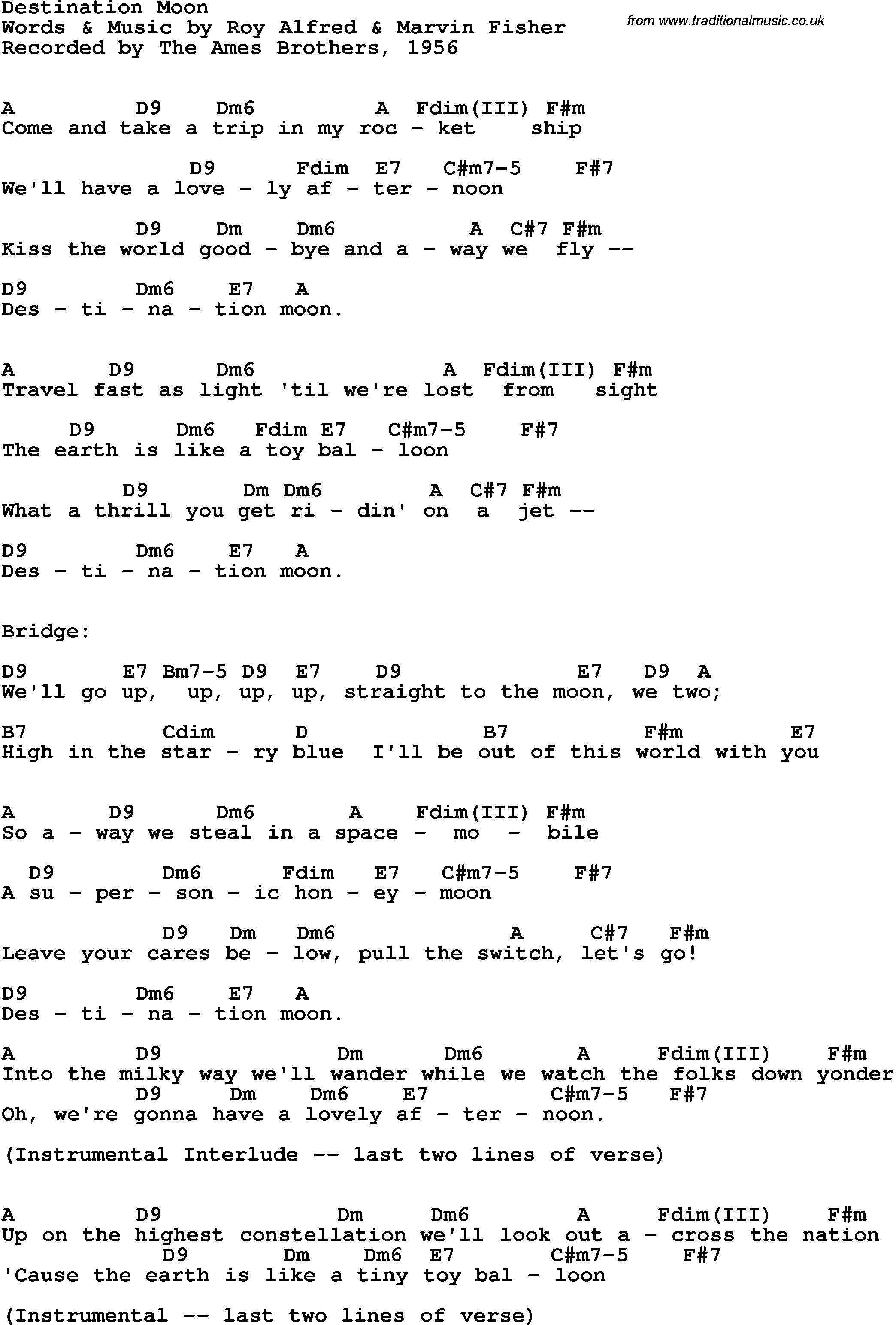 Song Lyrics with guitar chords for Destination Moon - The Ames Brothers, 1956