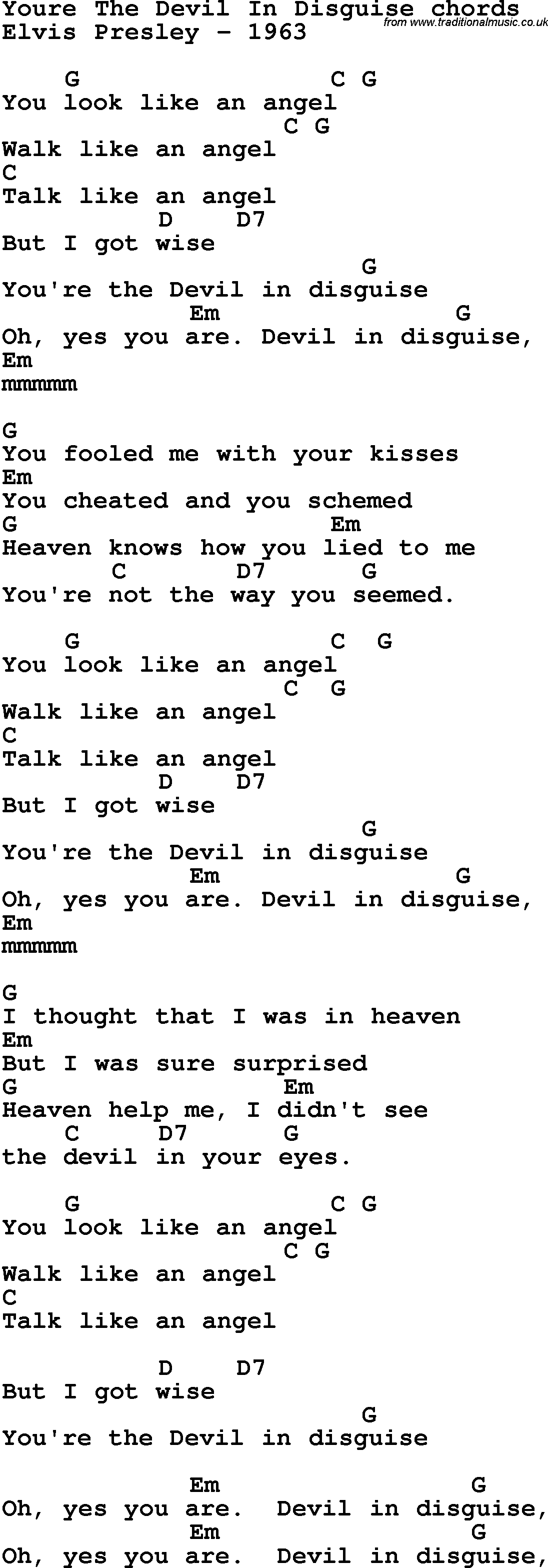 Song Lyrics with guitar chords for Devil In Disguise