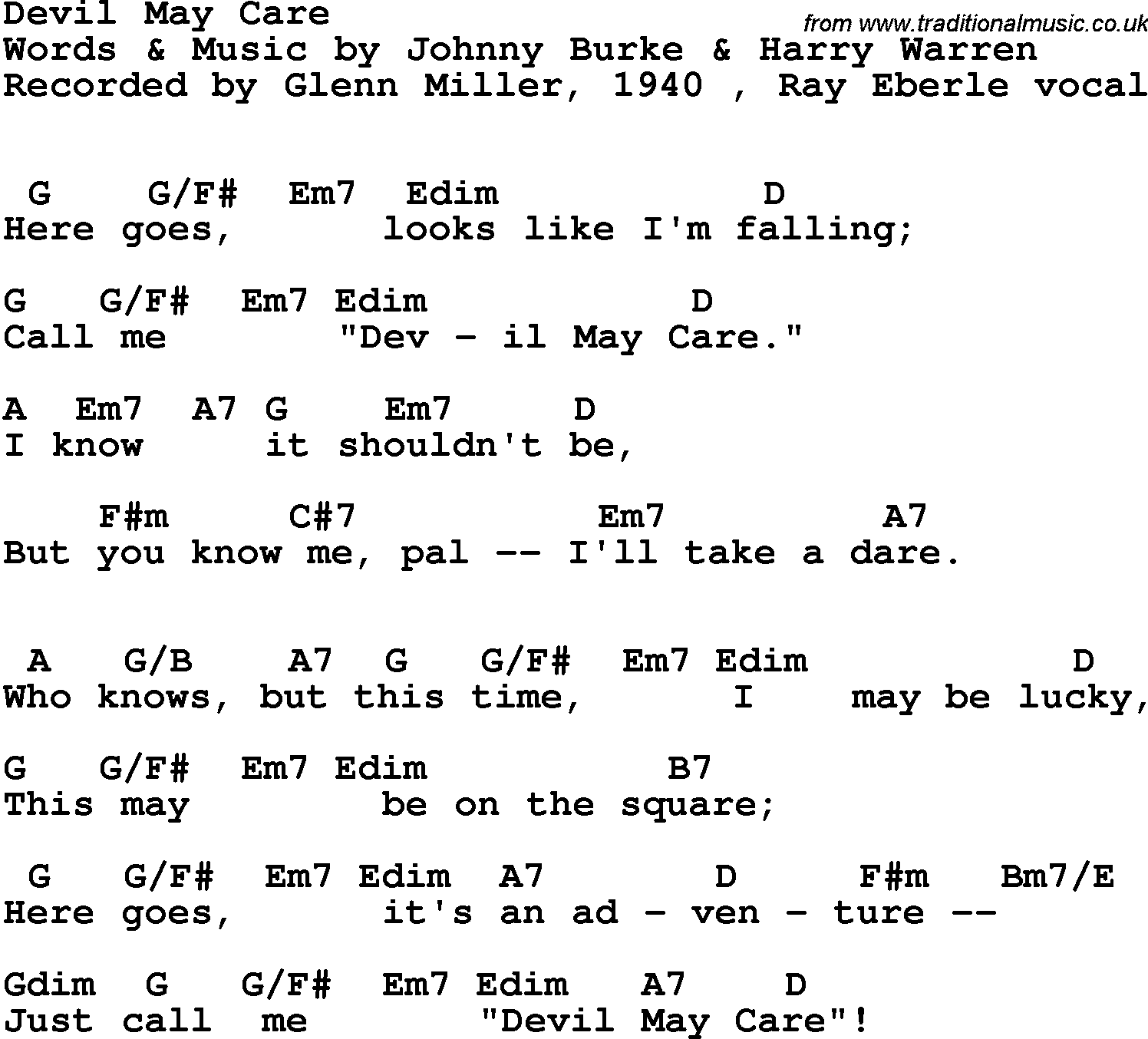 Song Lyrics with guitar chords for Devil May Care - Glenn Miller, 1940, Ray Eberle Vocal