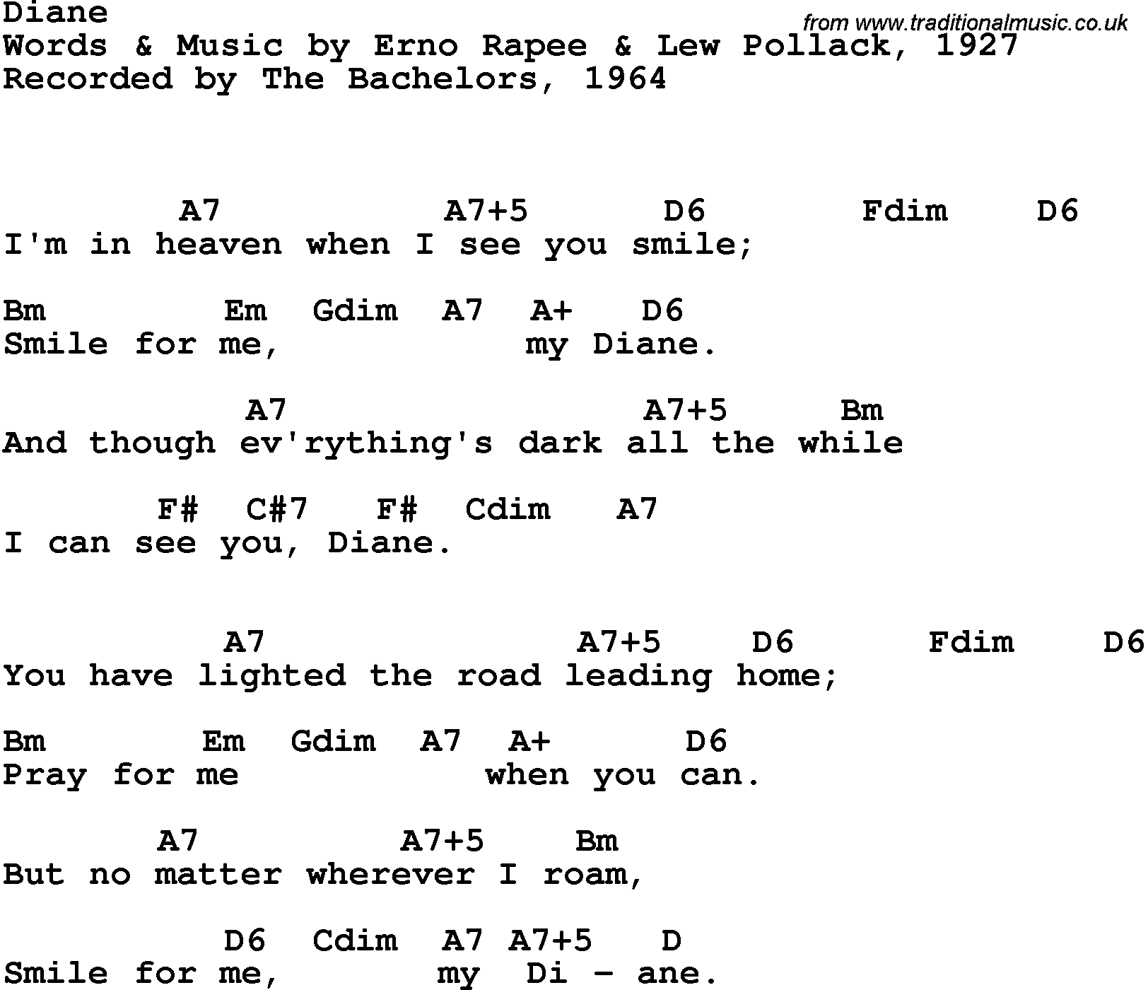 Song Lyrics with guitar chords for Diane - Bachelors, The, 1964