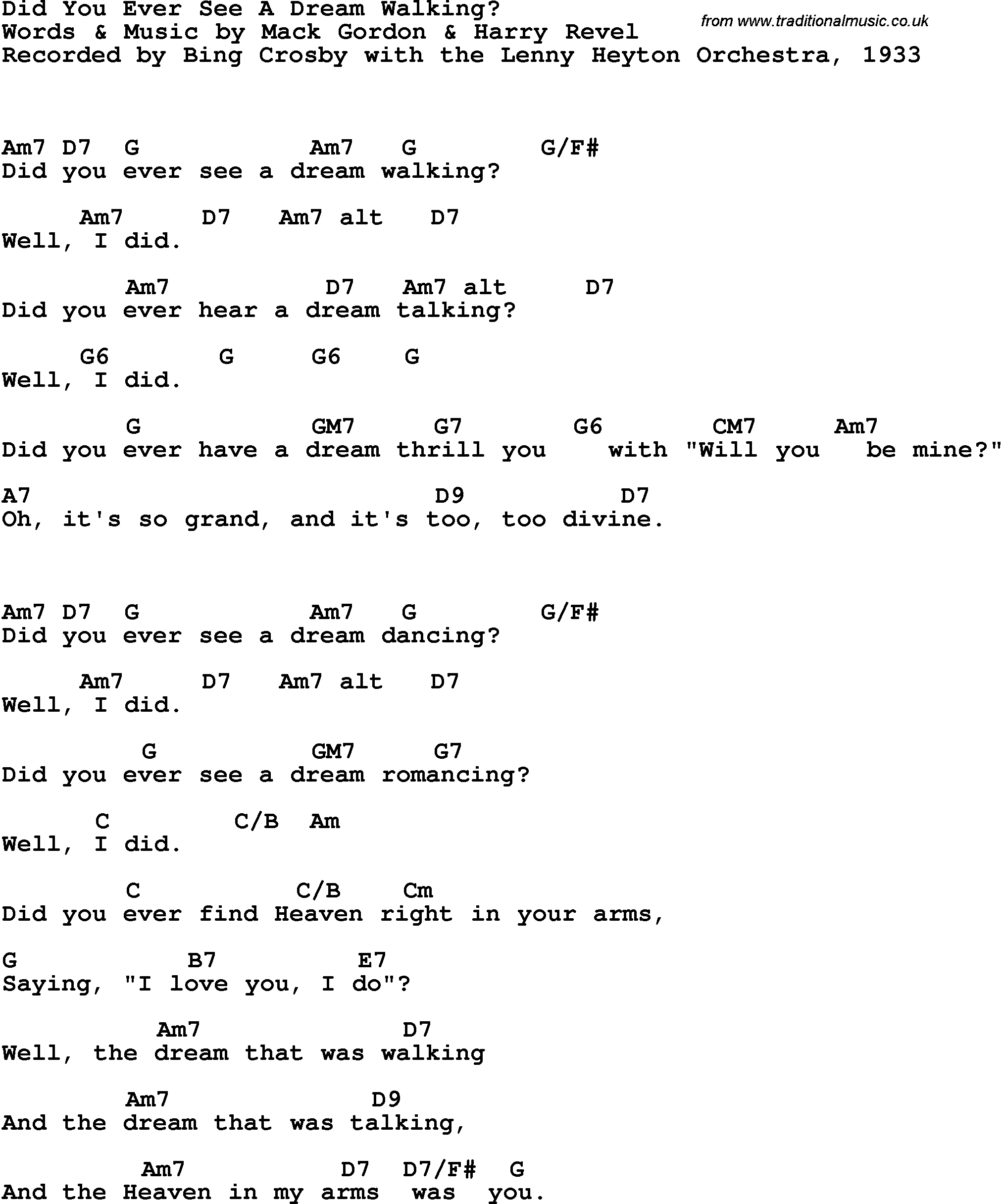 Song Lyrics with guitar chords for Did You Ever See A Dream Walking - Bing Crosby, 1933
