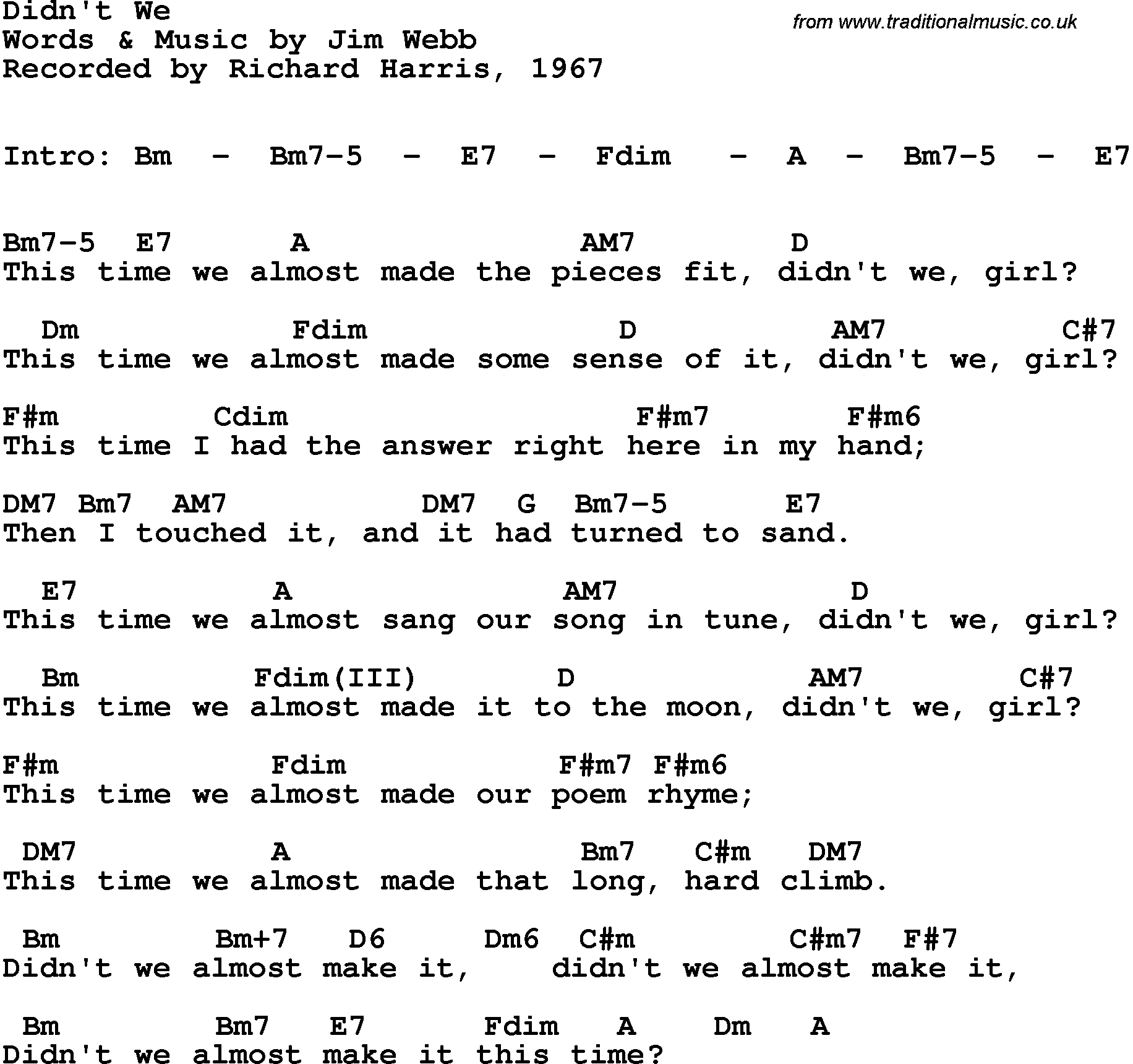 Song Lyrics with guitar chords for Didn't We - Richard Harris, 1967