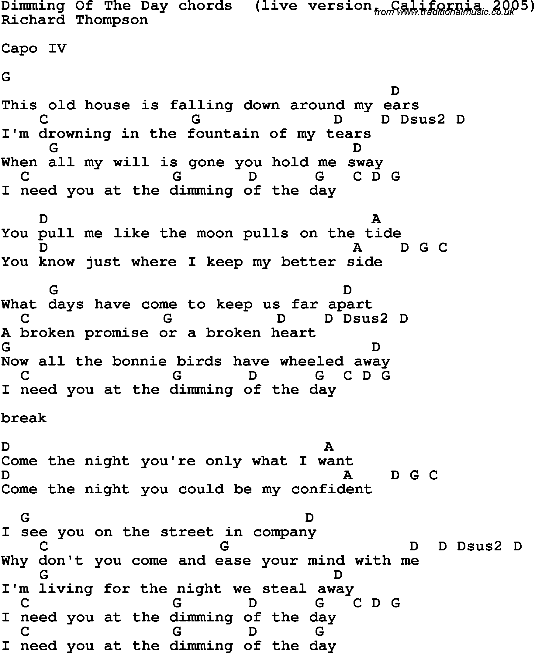 Song Lyrics with guitar chords for Dimming Of The Day