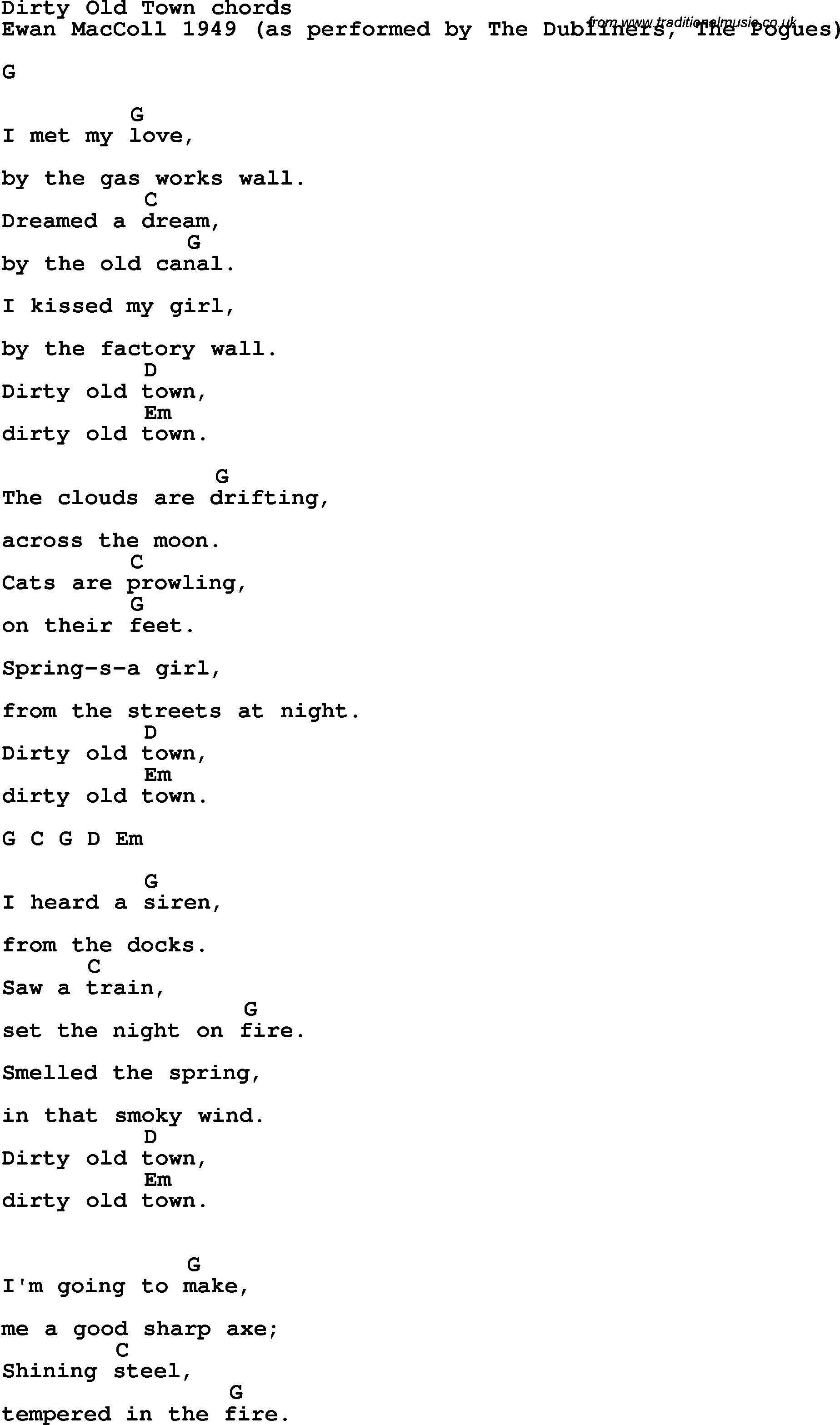 Song Lyrics with guitar chords for Dirty Old Town