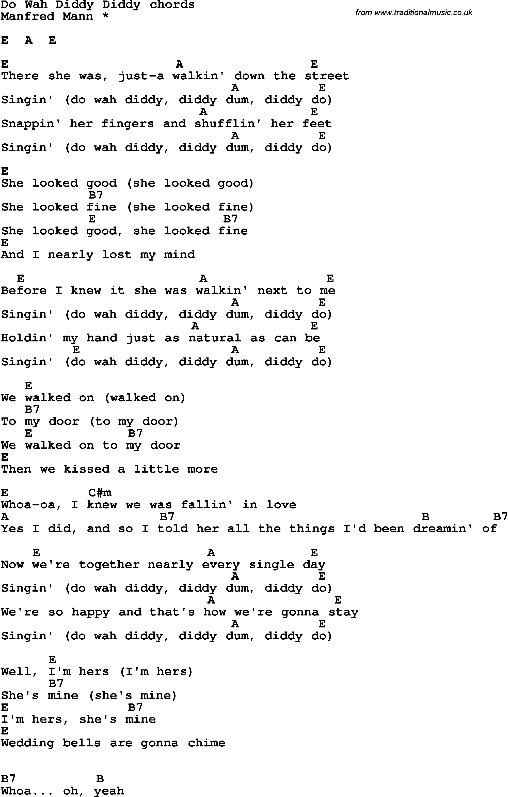 Song Lyrics with guitar chords for Do Wah Diddy