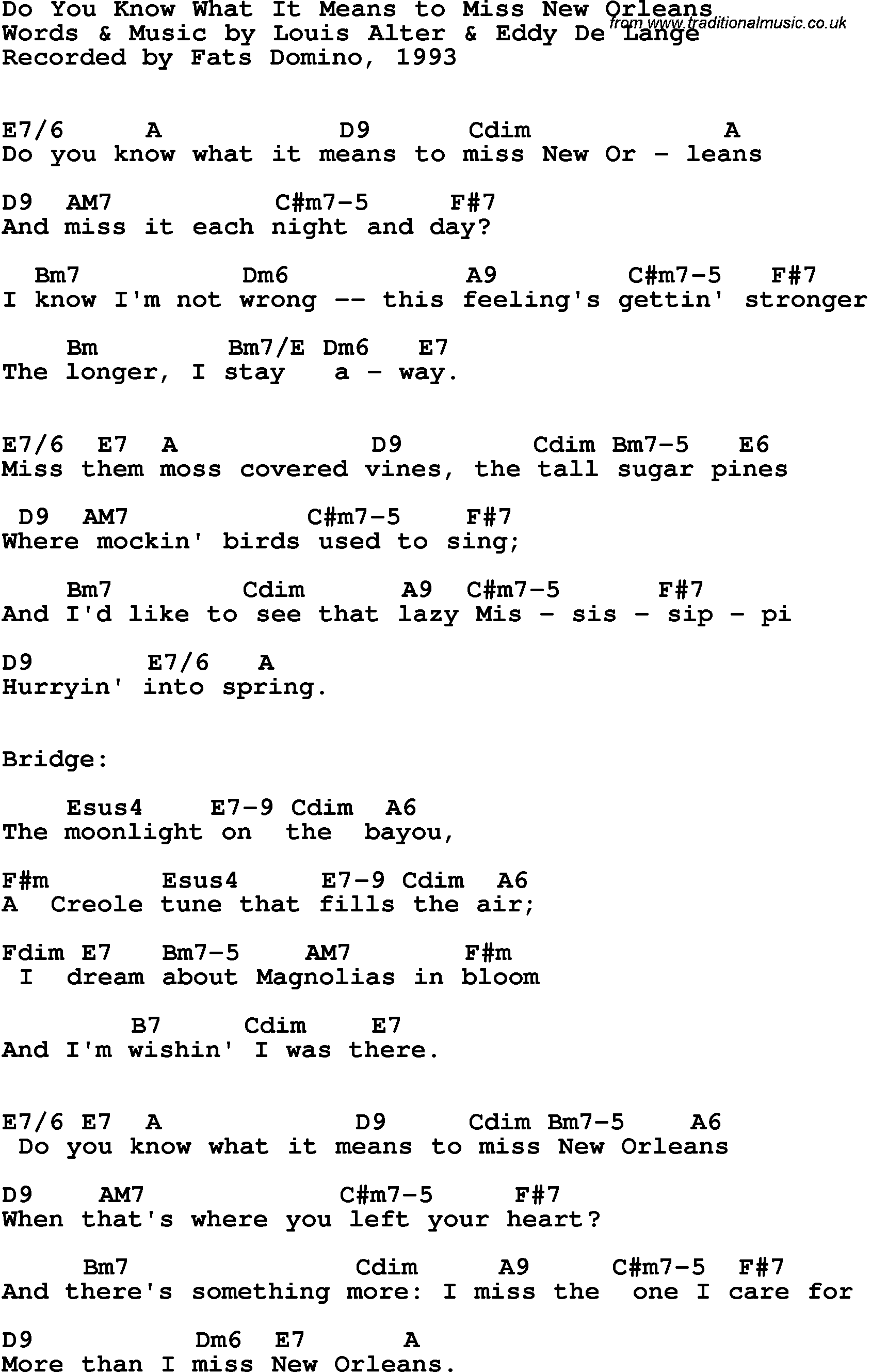 Song Lyrics with guitar chords for Do You Know What It Means To Miss New Orleans - Fats Domino, 1993