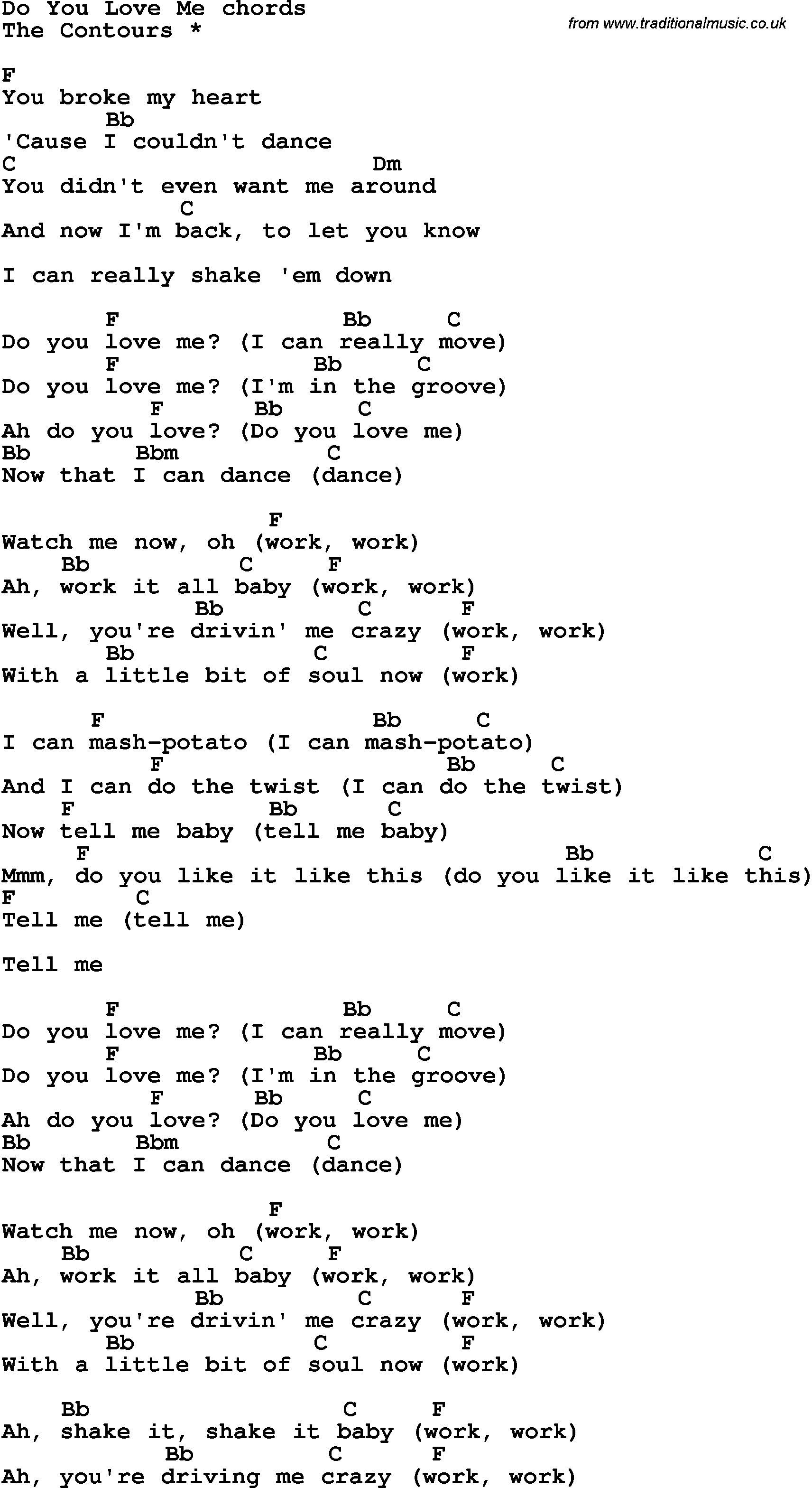Song Lyrics with guitar chords for Do You Love Me