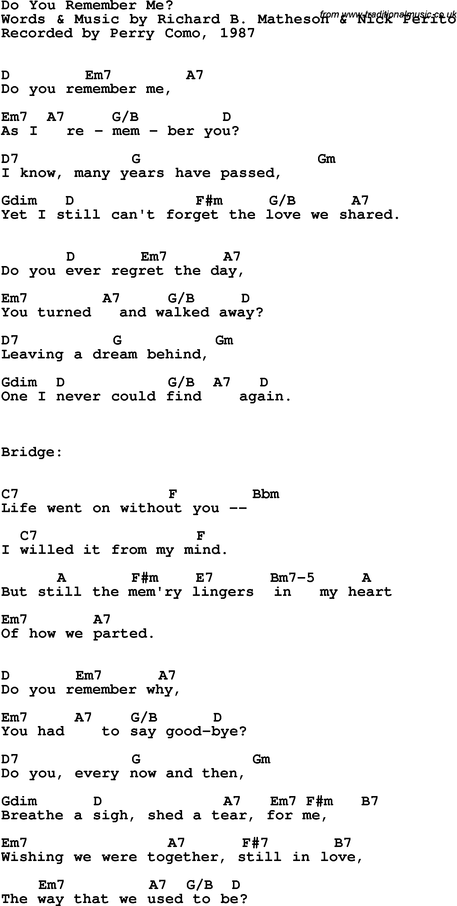 Song Lyrics with guitar chords for Do You Remember Me - Perry Como, 1987