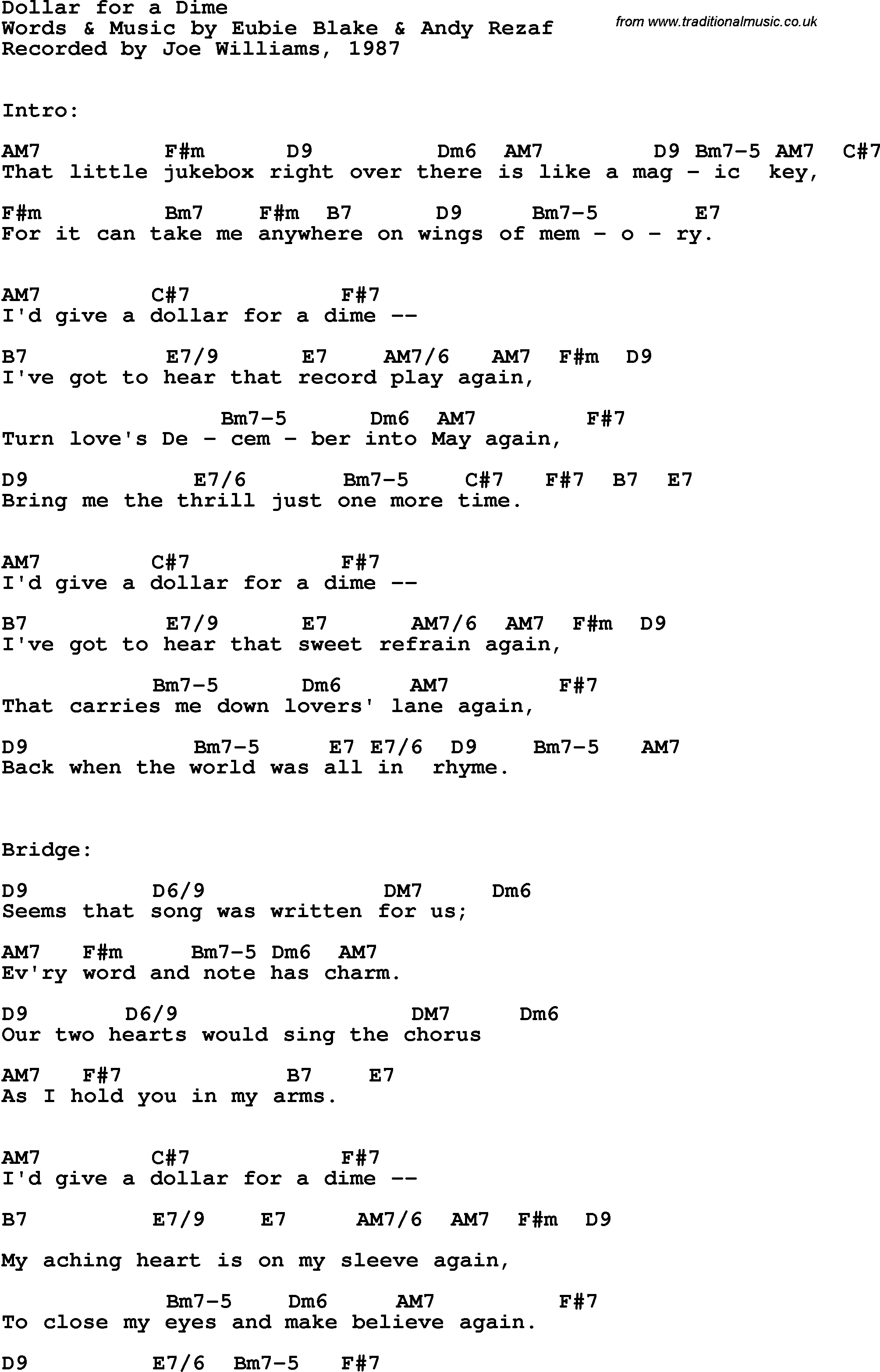 Song Lyrics with guitar chords for Dollar For A Dime - Joe Williams, 1987