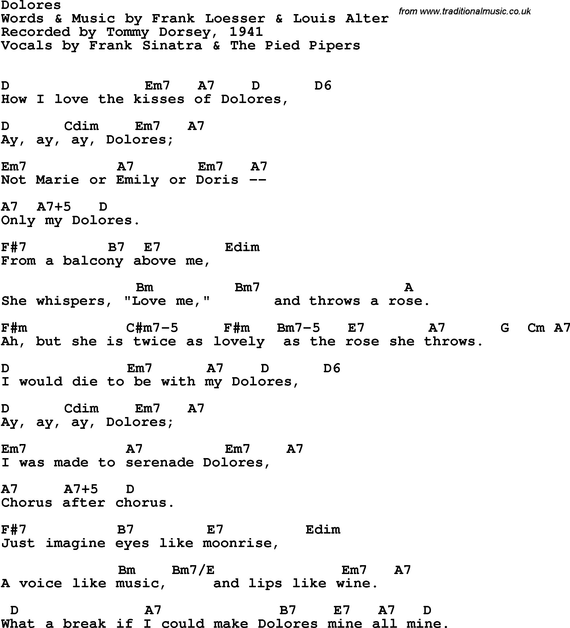 Song Lyrics with guitar chords for Dolores - Tommy Dorsey, 1941