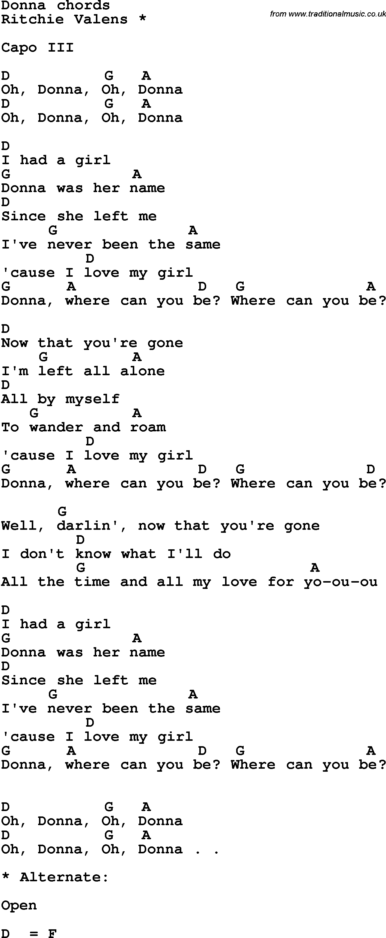 Song Lyrics with guitar chords for Donna