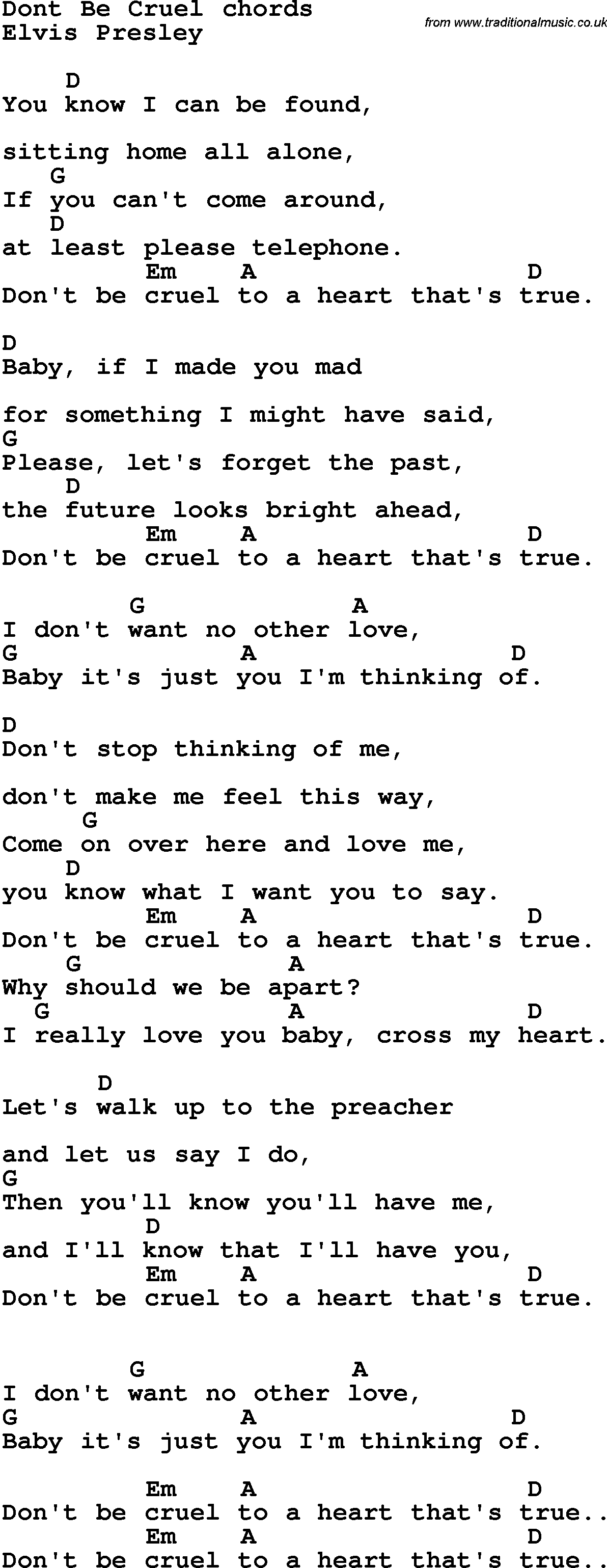 Song Lyrics with guitar chords for Don't Be Cruel