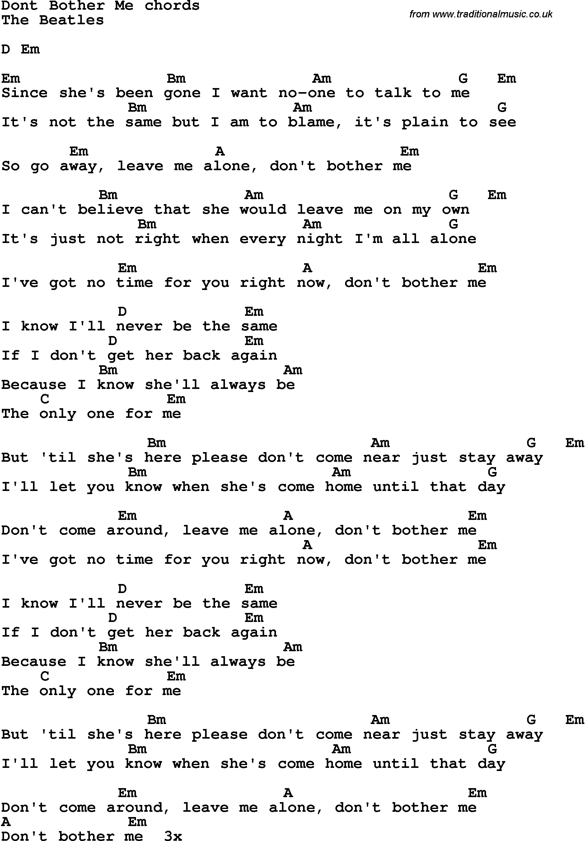 Song Lyrics with guitar chords for Don't Bother Me - The Beatles