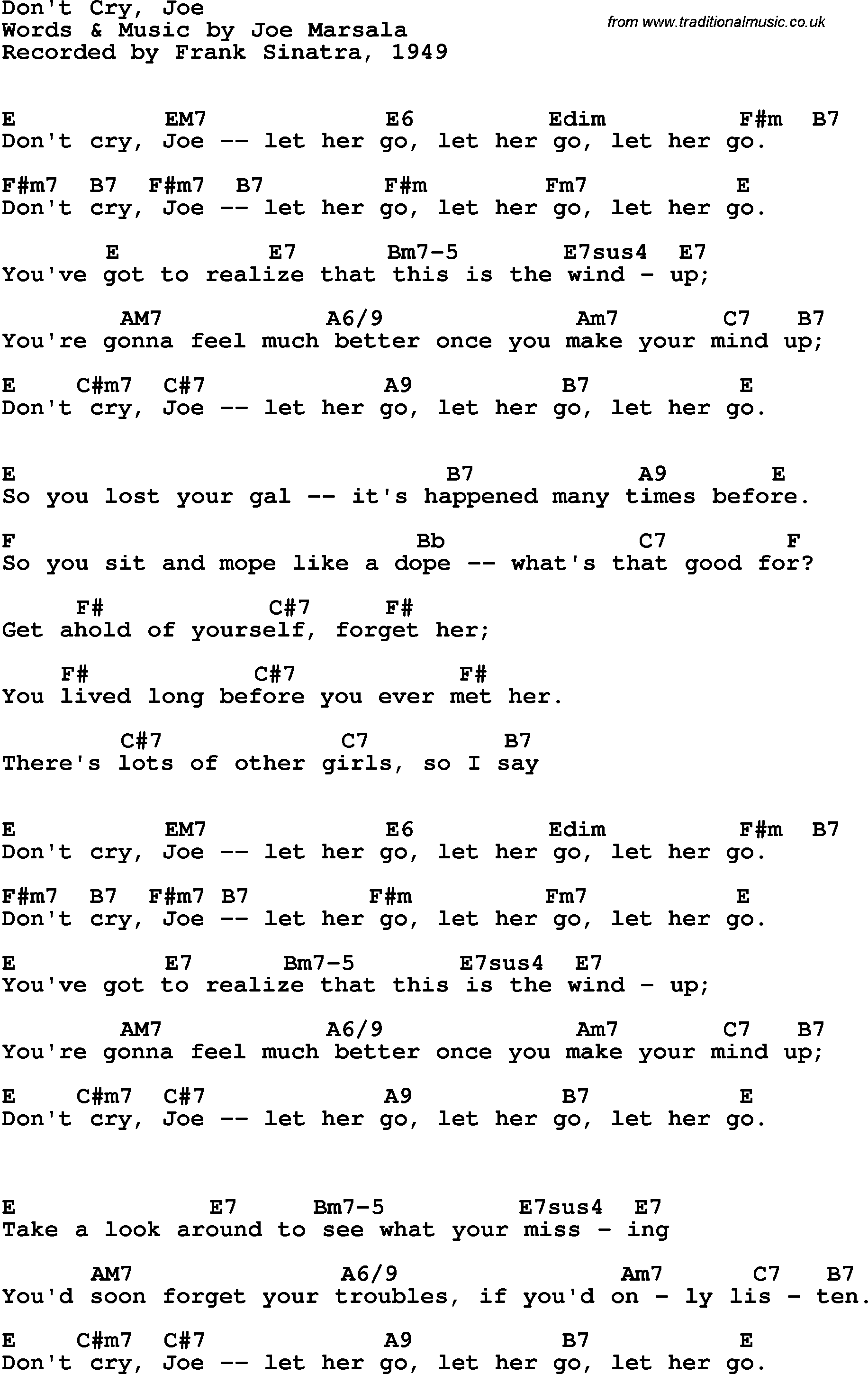 Song Lyrics with guitar chords for Don't Cry, Joe - Frank Sinatra, 1949