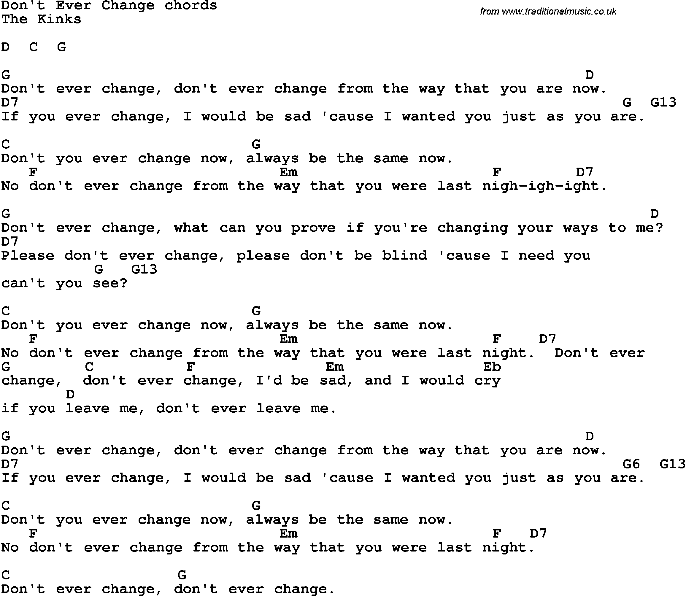 Song Lyrics with guitar chords for Don't Ever Change