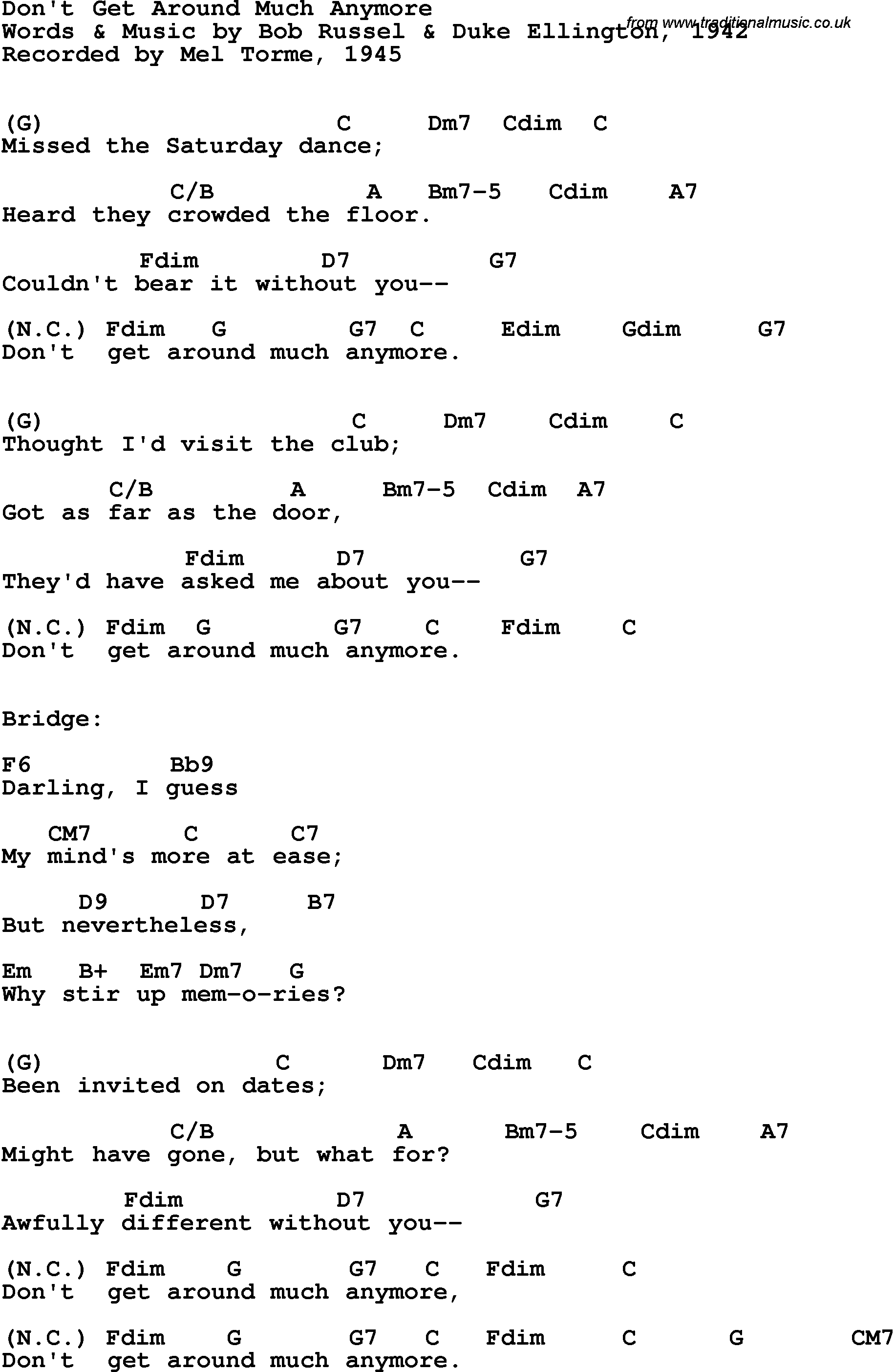 Song Lyrics with guitar chords for Don't Get Around Much Anymore - Mel Torme, 1945