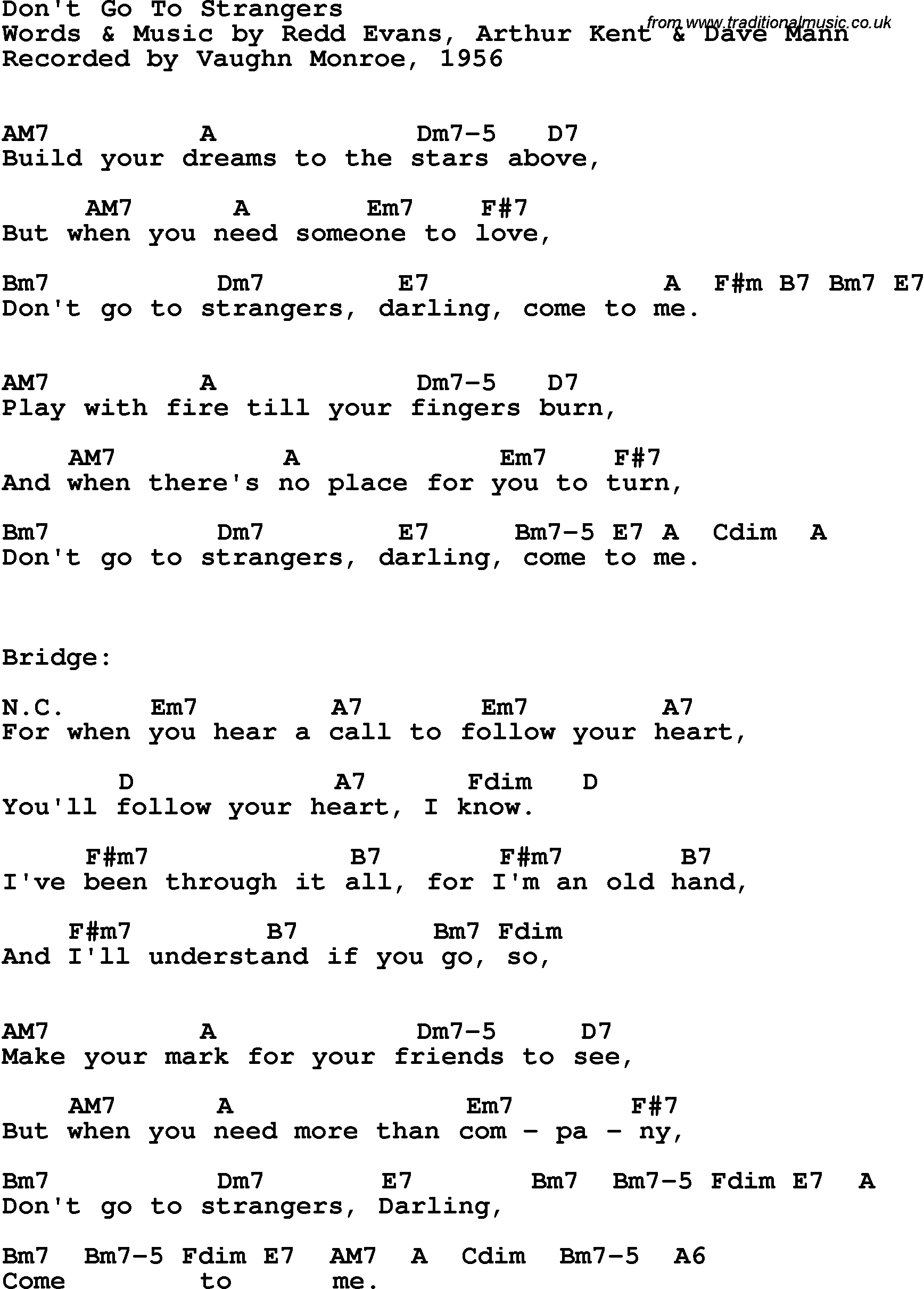 Song Lyrics with guitar chords for Don't Go To Strangers - Vaughn Monroe, 1956
