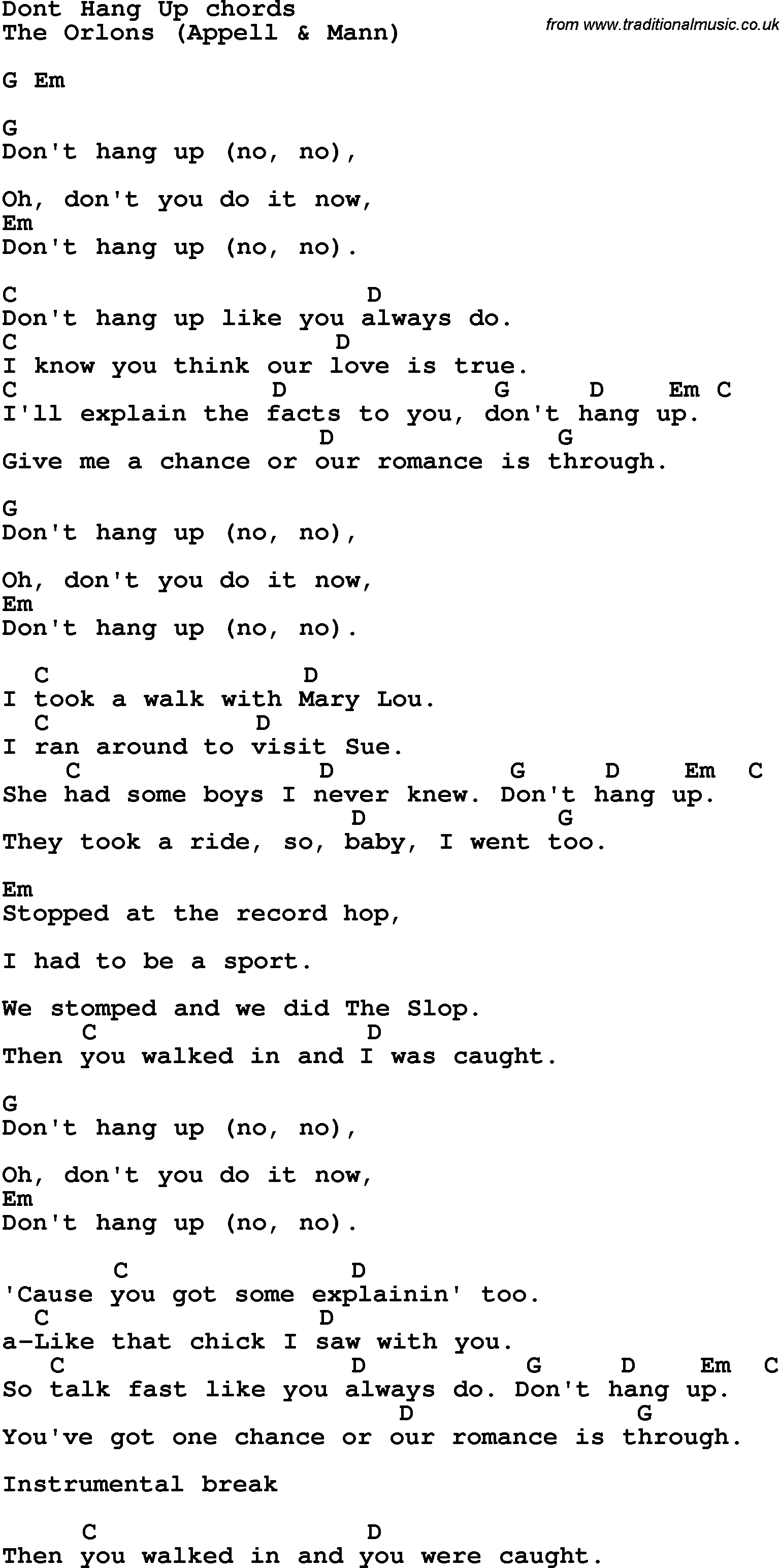 Song Lyrics with guitar chords for Don't Hang Up