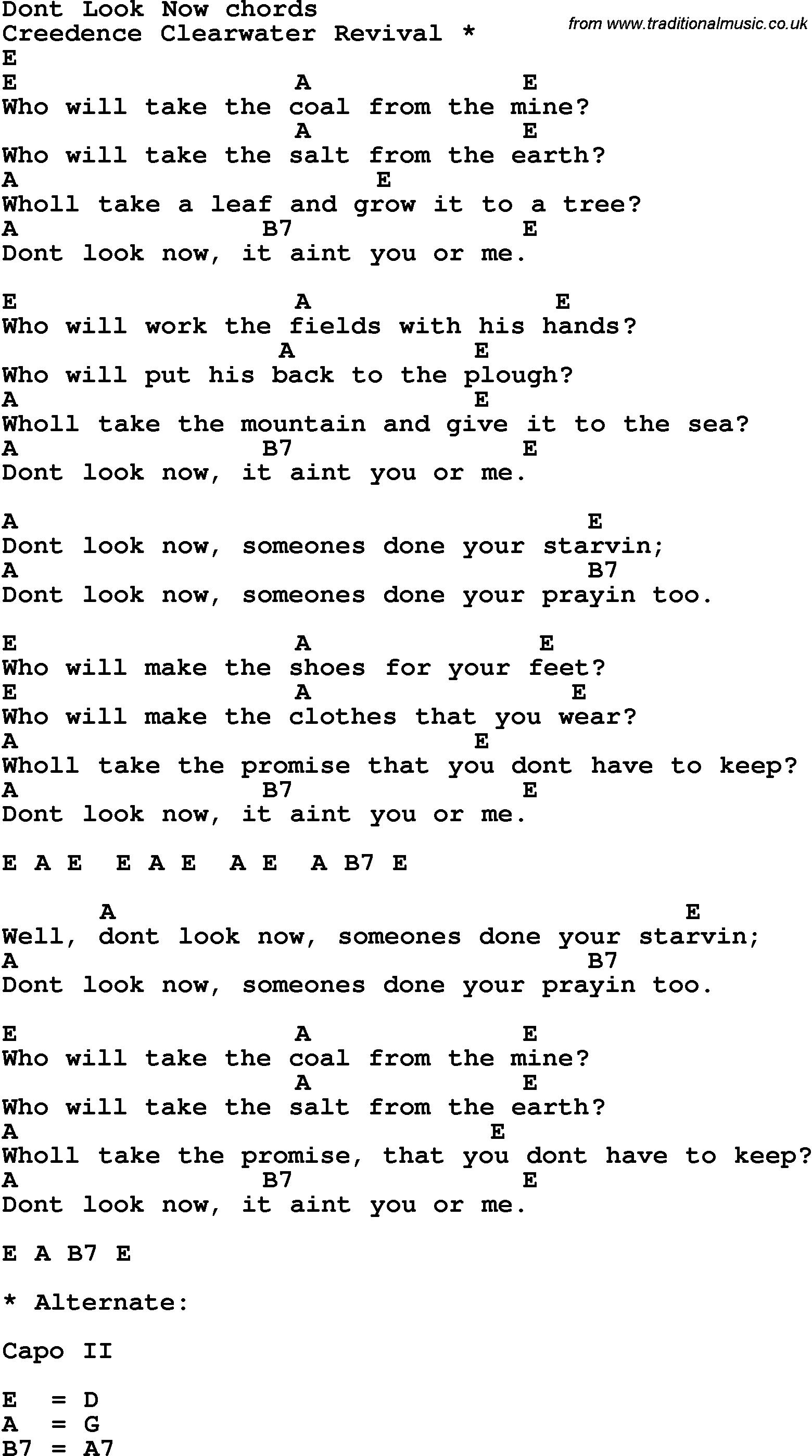 Song Lyrics with guitar chords for Don't Look Now