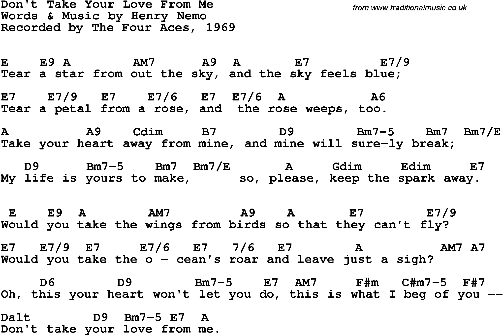 Song Lyrics with guitar chords for Don't Take Your Love From Me - The Four Aces, 1969