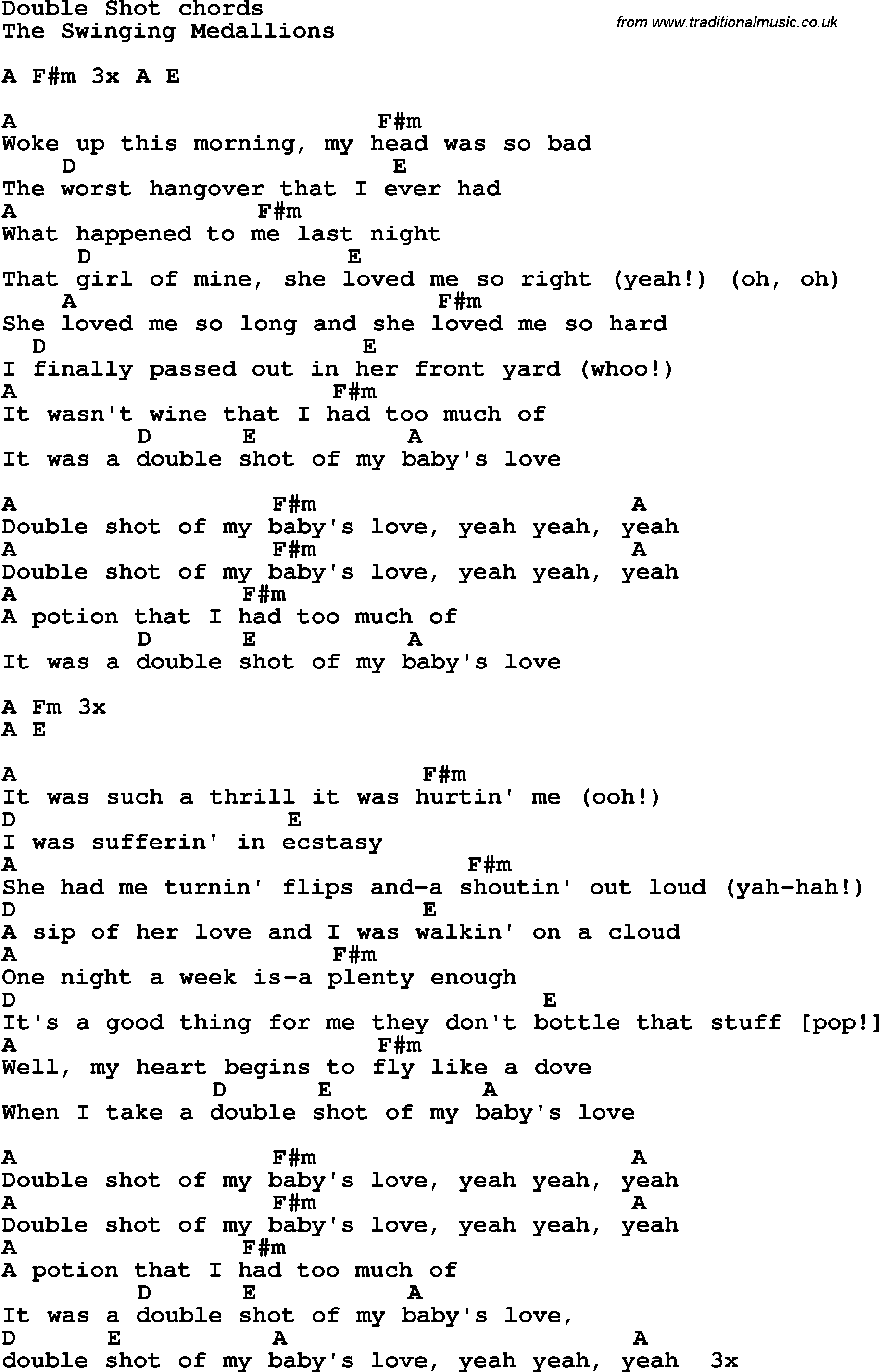 Song Lyrics with guitar chords for Double Shot