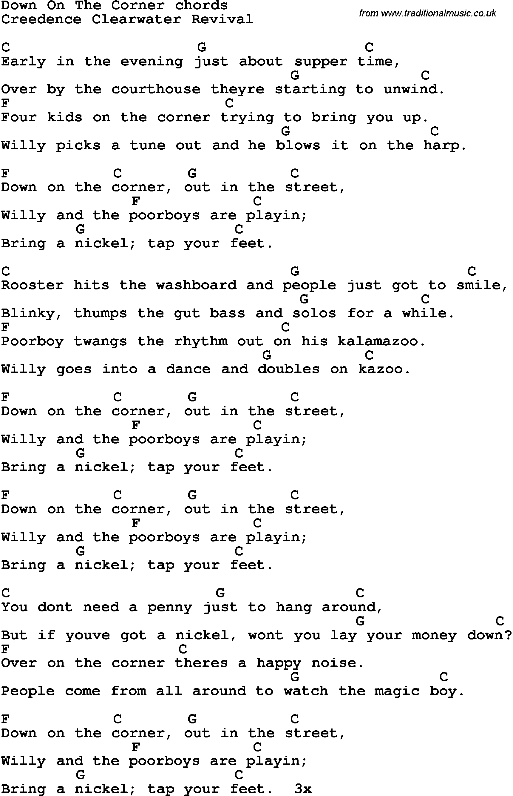 Song Lyrics with guitar chords for Down On The Corner